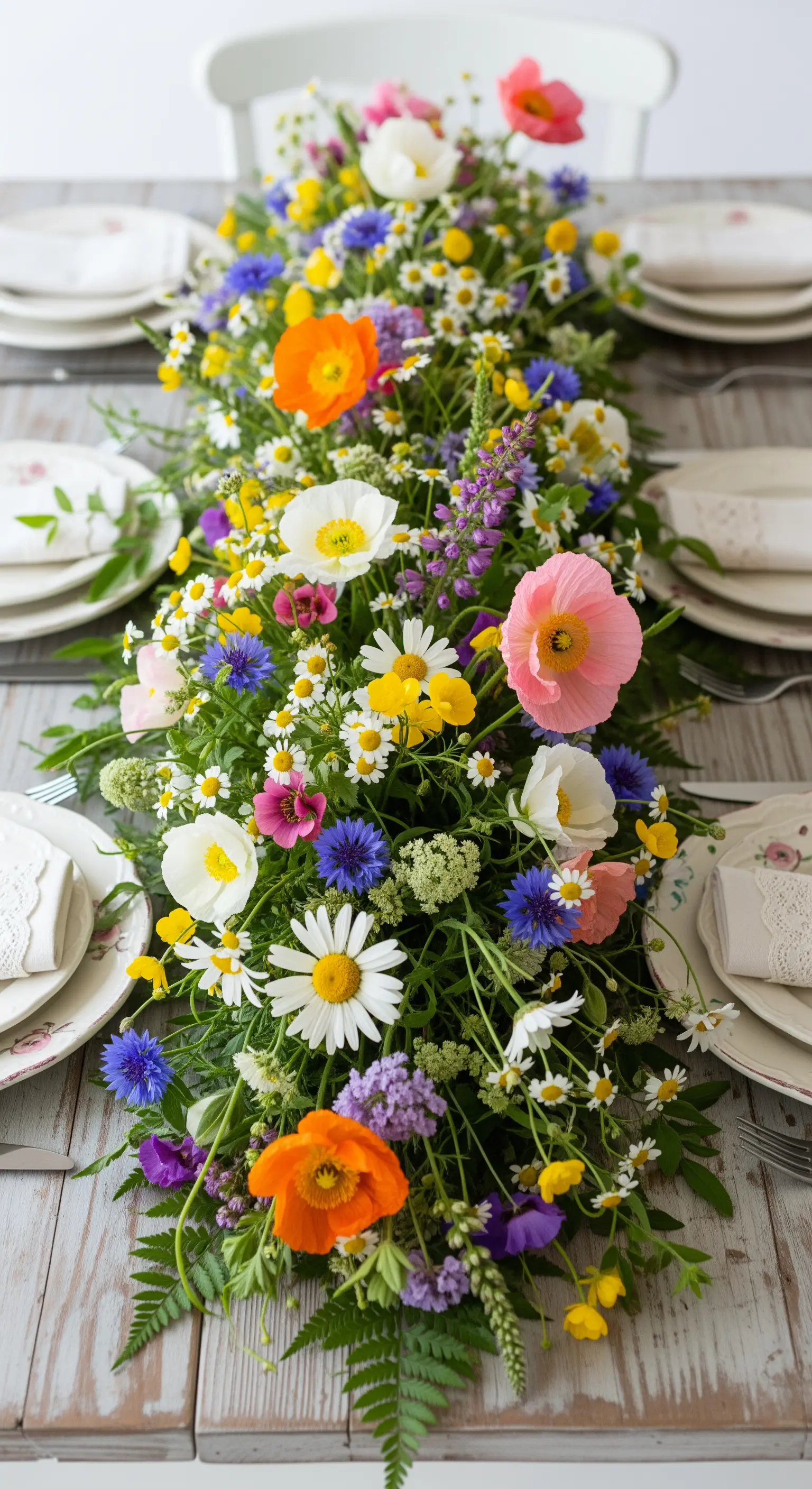 Centrotavola lussureggiante e colorato con un mix di fiori di campo che percorre tutta la tavola