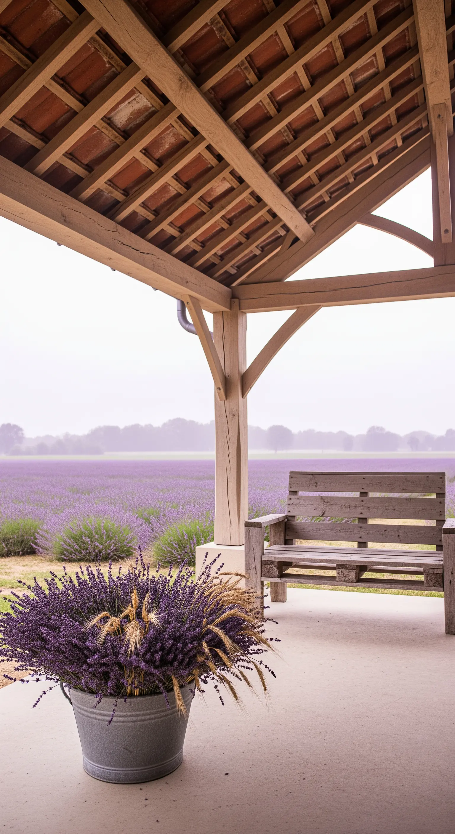 Portico con panca in pallet e un secchio di latta pieno di lavanda affacciato su un campo fiorito.