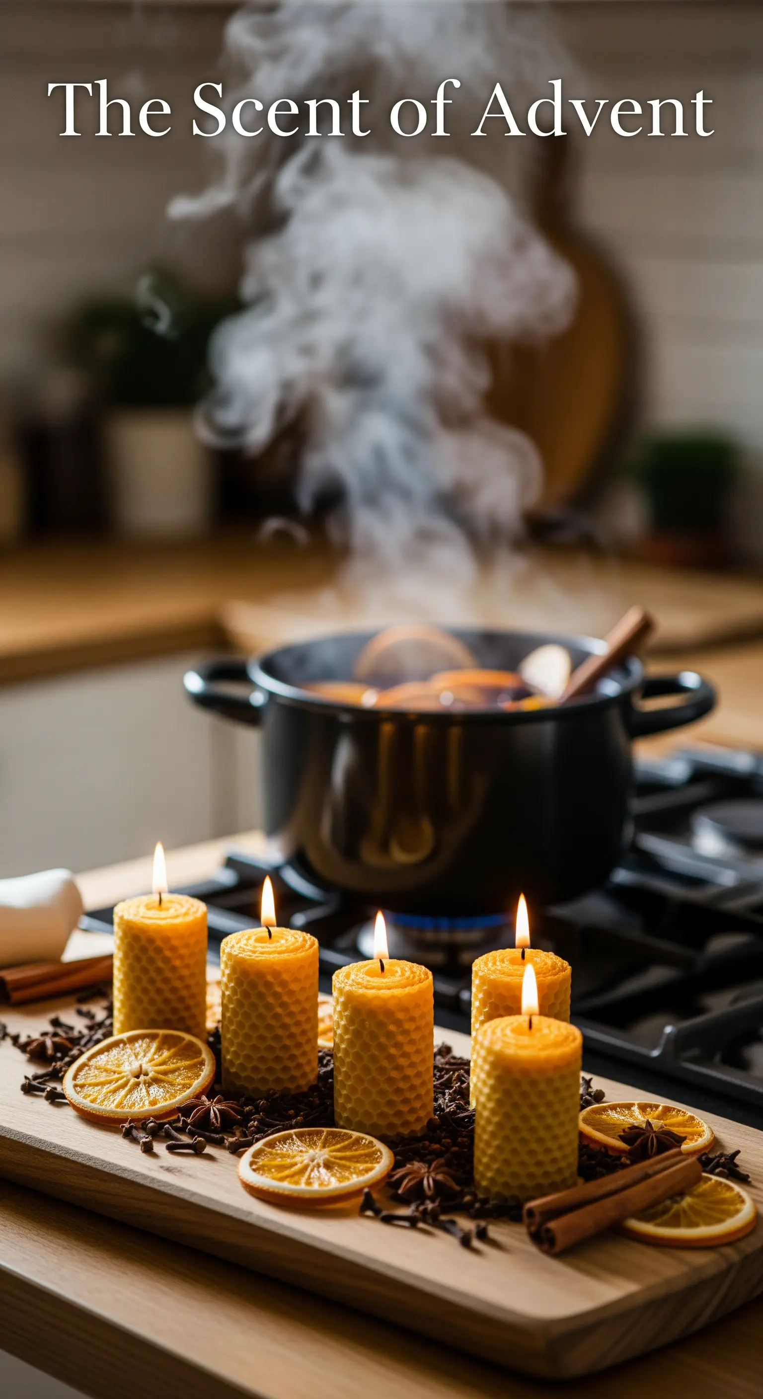 Pentola con spezie sul fuoco e candele di cera d'api per profumare la casa.