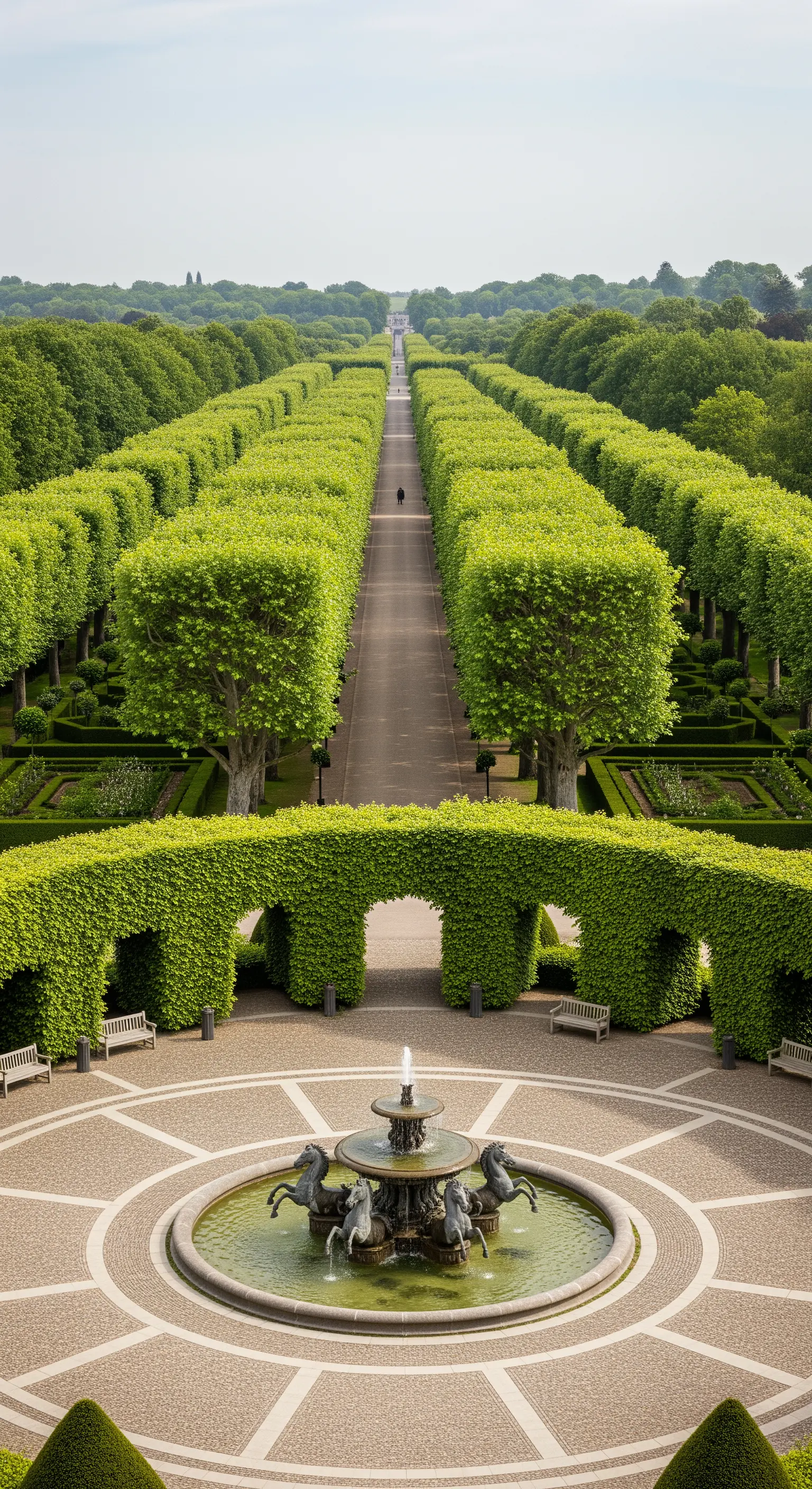 Veduta aerea di un giardino formale con una fontana di cavalli al centro di una rotonda.