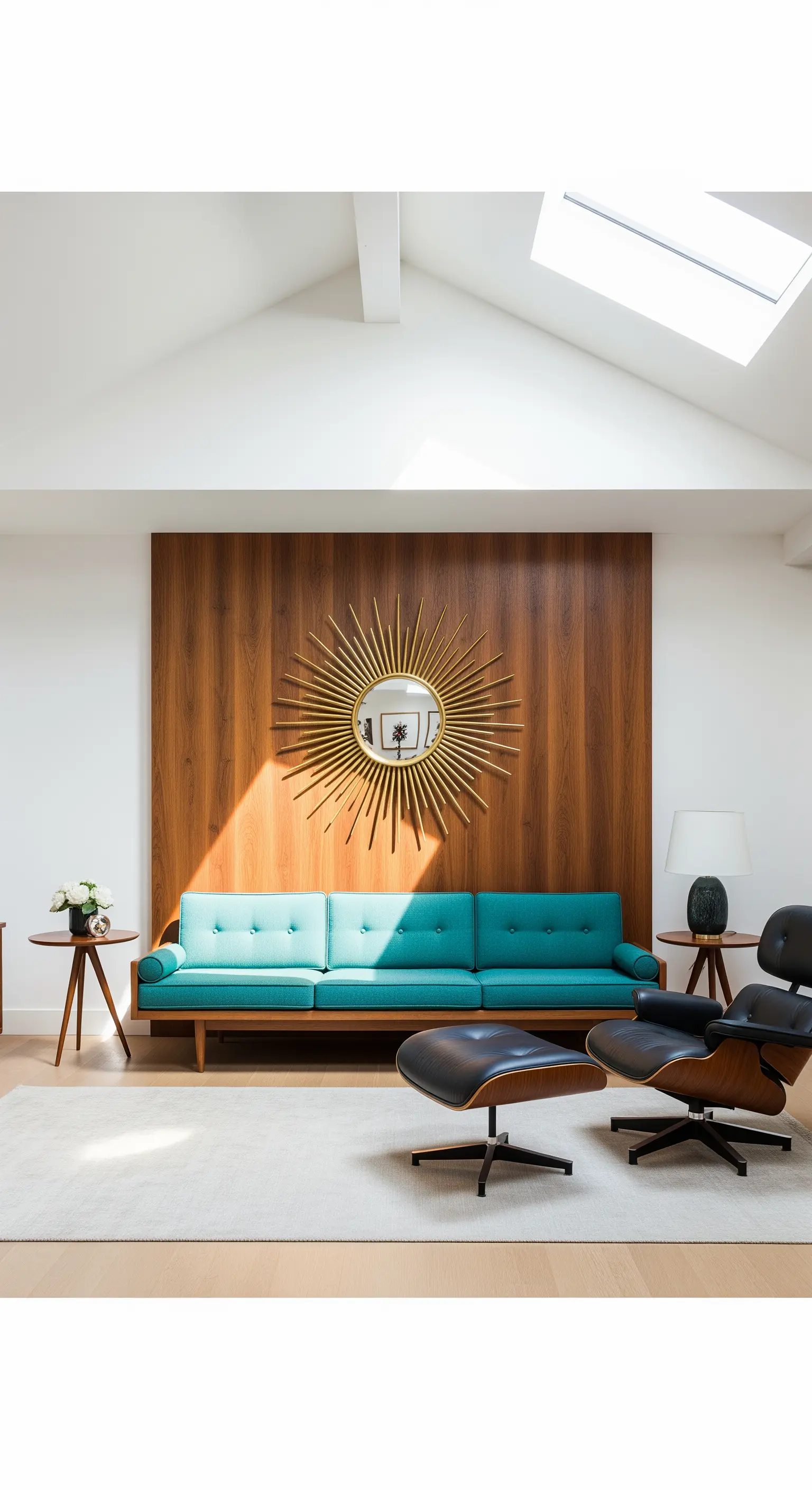 Specchio a raggiera dorato montato su una boiserie in legno dietro a un divano turchese.