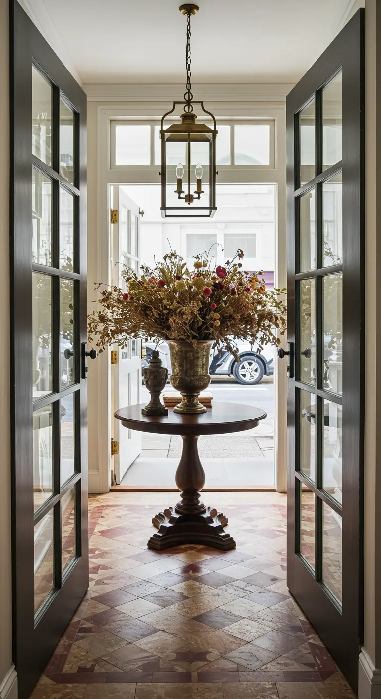 Ingresso con un grande vaso di fiori secchi su un tavolo rotondo tra due porte a vetri.