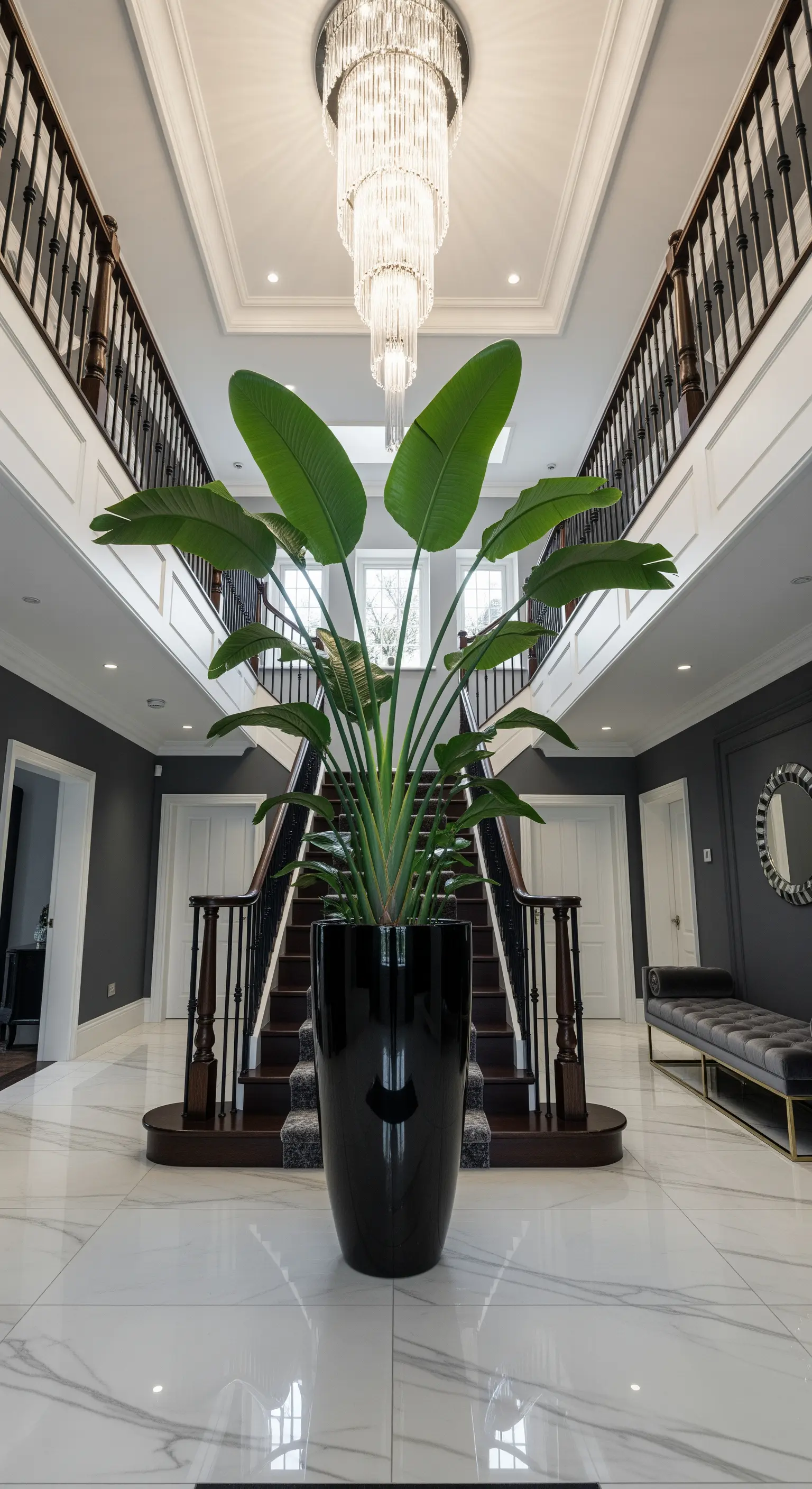 Atrio maestoso con una Strelitzia gigante in un vaso nero lucido al centro di una doppia scala.