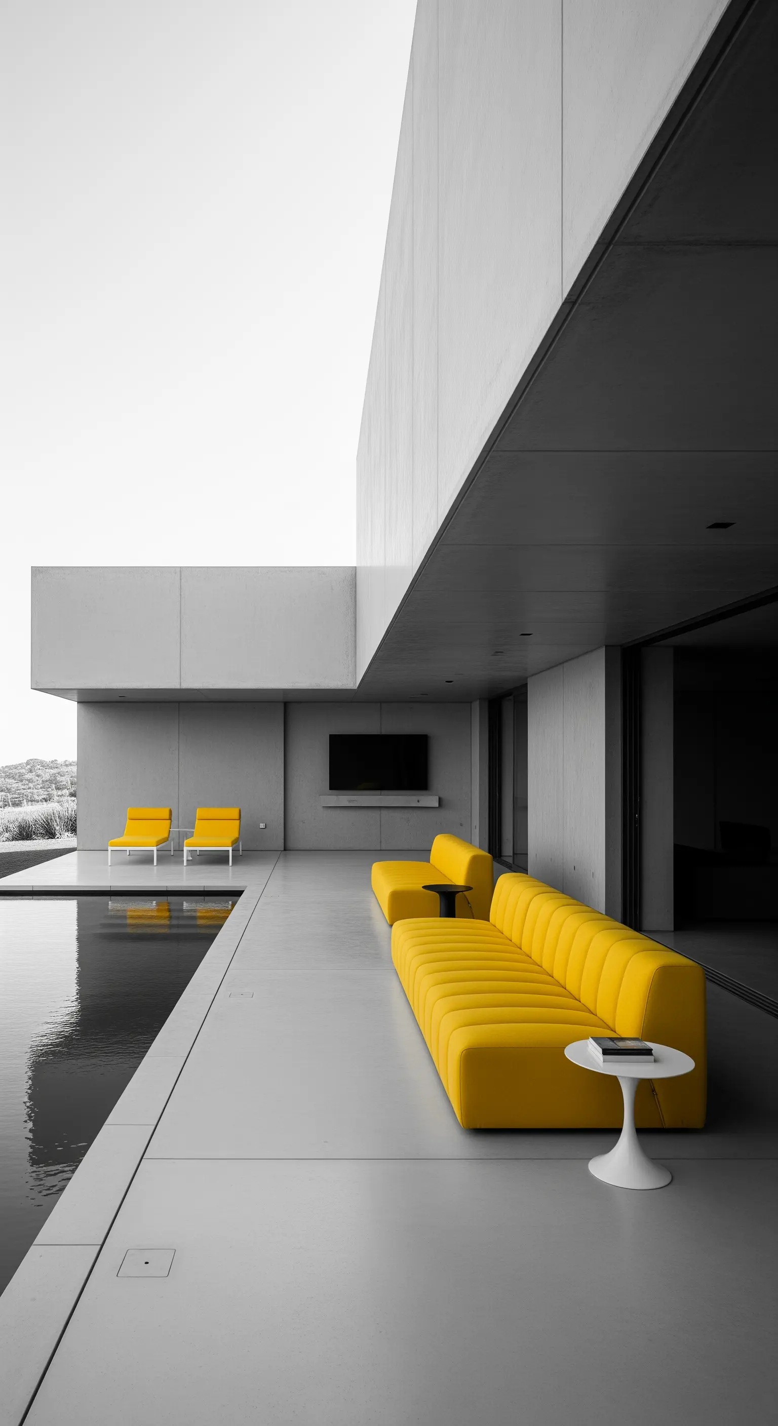 Spazio esterno minimalista in cemento con piscina e un divano modulare giallo acceso.
