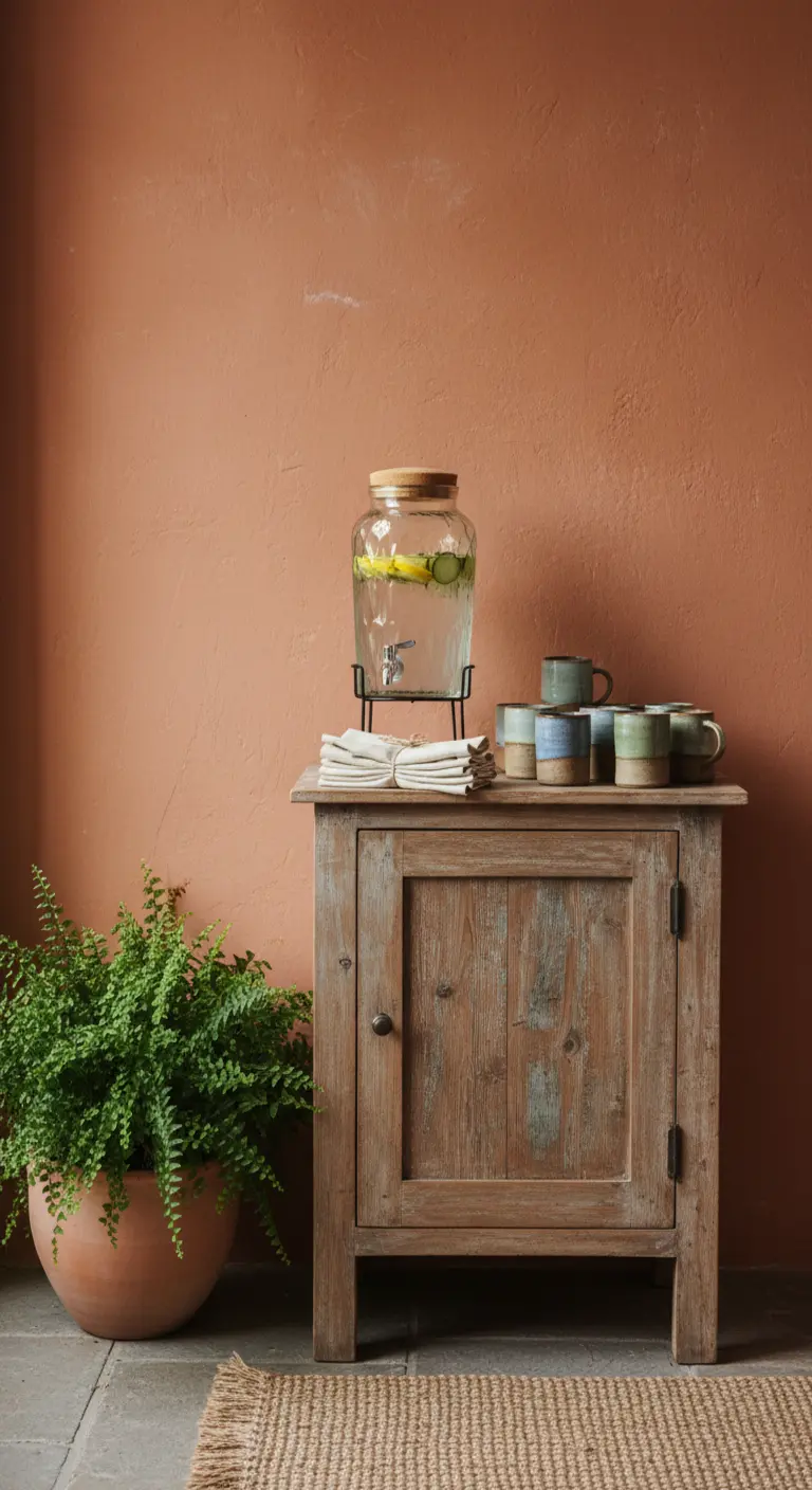 Mobiletto rustico in legno con dispenser per bevande, tazze in ceramica e una grande felce.