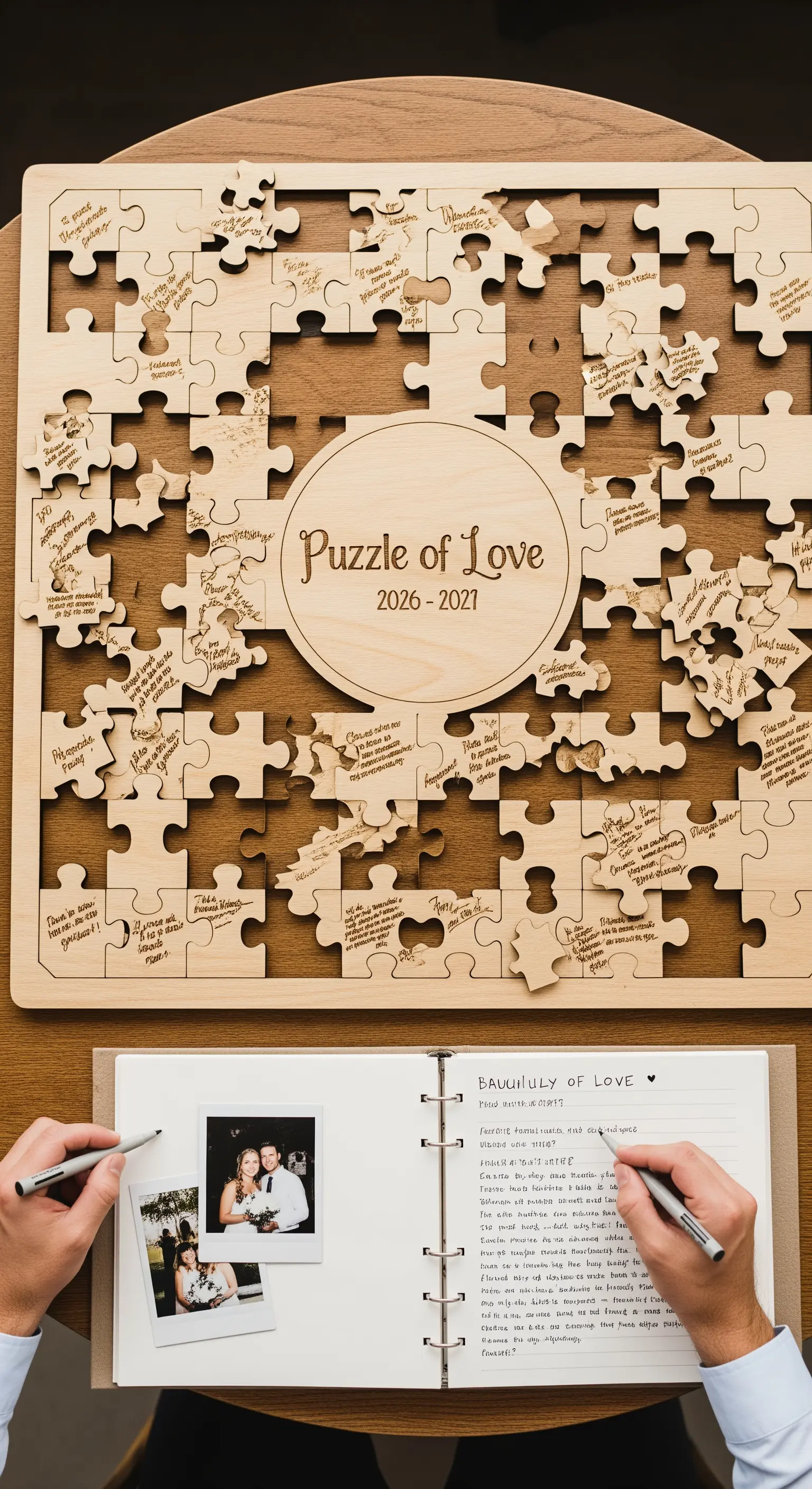 Grande puzzle in legno con pezzi firmati dagli ospiti e un diario con polaroid.