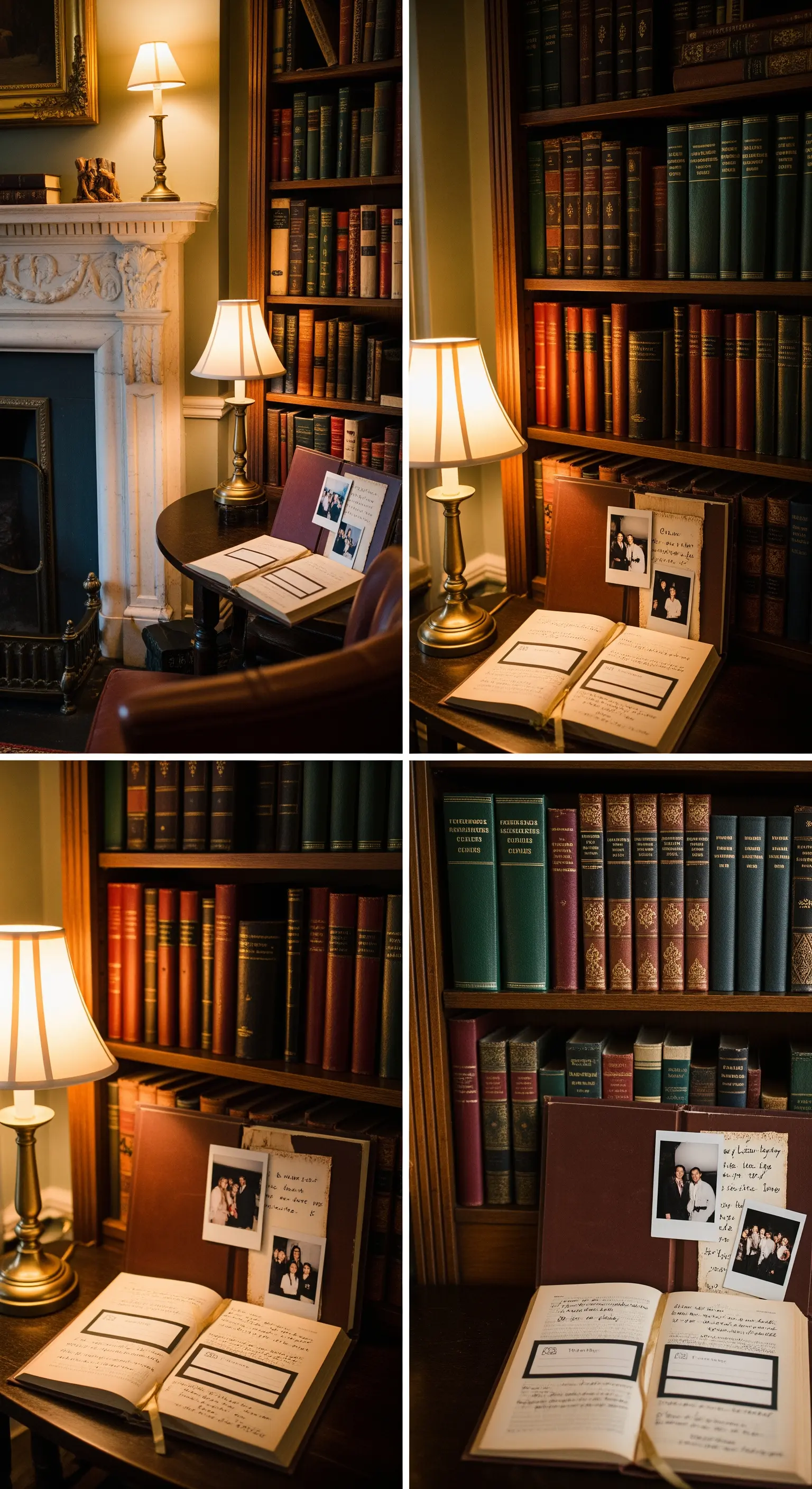 Libro antico aperto su una scrivania in una libreria, con polaroid e messaggi scritti a mano.