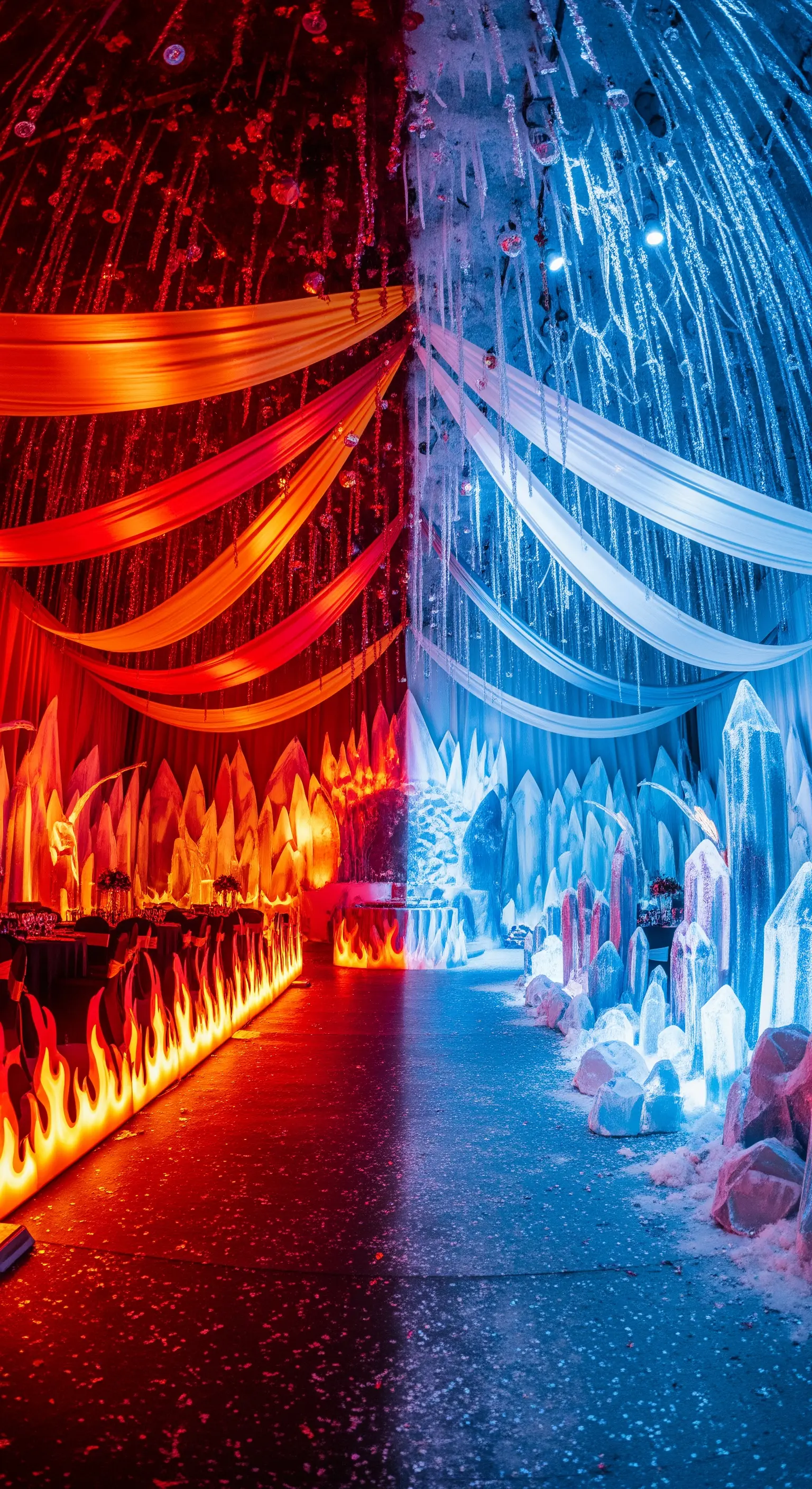 Sala per feste divisa in due: un lato con luci e decorazioni rosse a tema fuoco, l'altro blu a tema ghiaccio.
