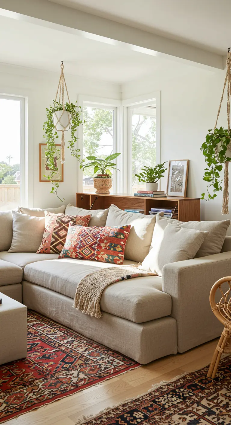 Divano beige con un mobile basso in legno posizionato dietro la spalliera.