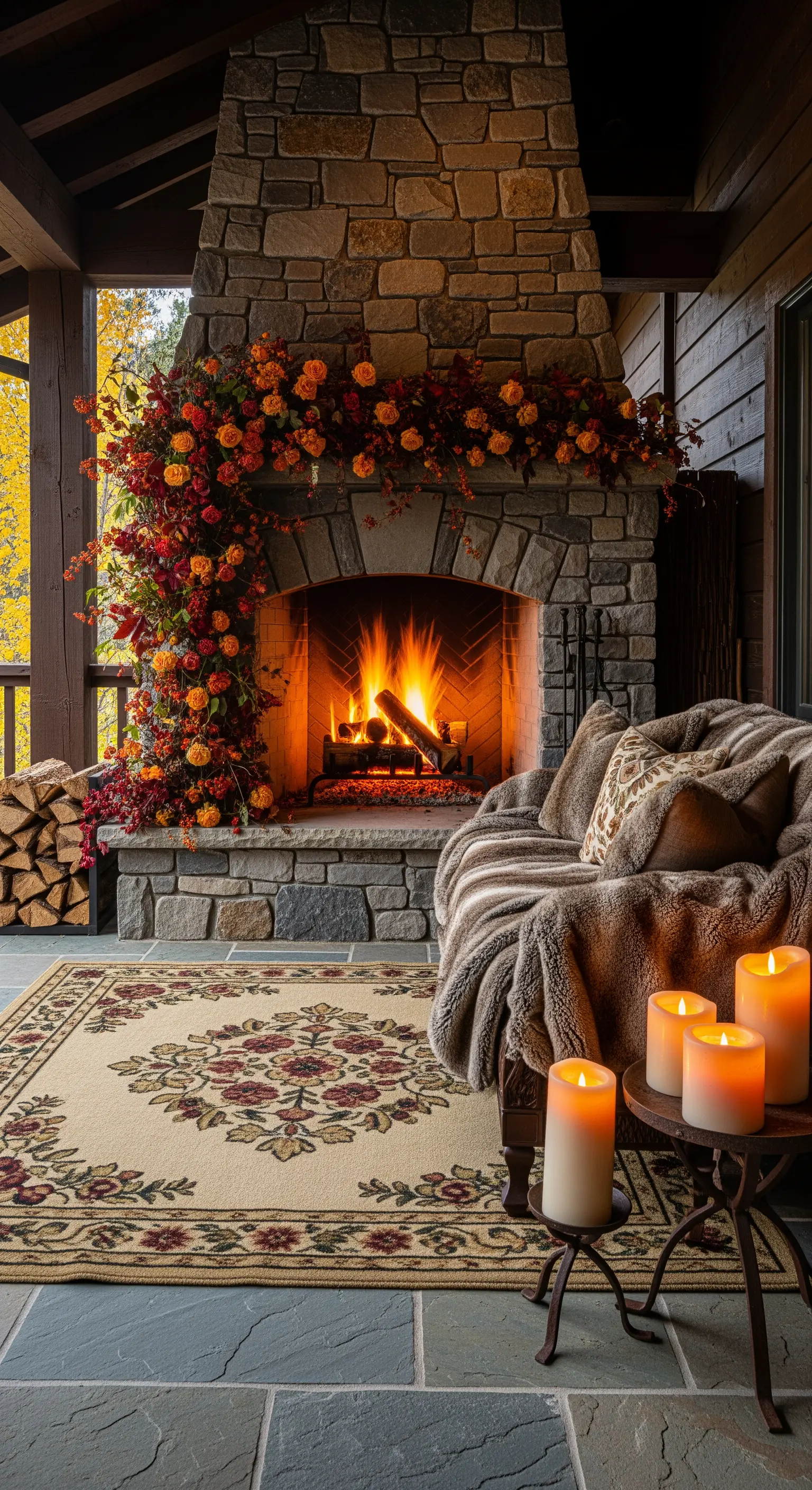 Veranda con camino in pietra acceso, poltrona comoda e ghirlanda di fiori autunnali.