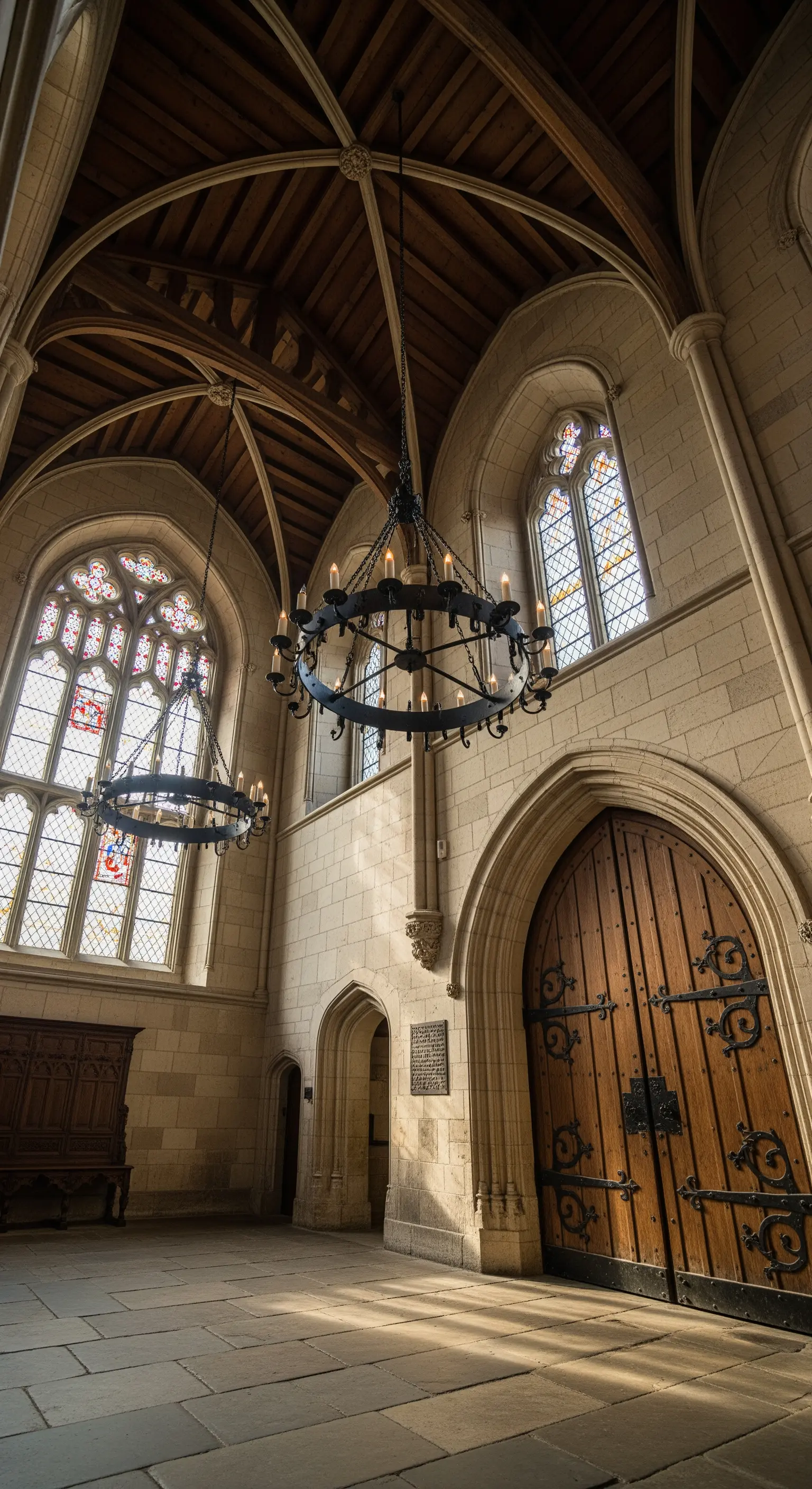 Grande sala in pietra con soffitto a volta in legno, finestre gotiche e lampadari in ferro battuto.