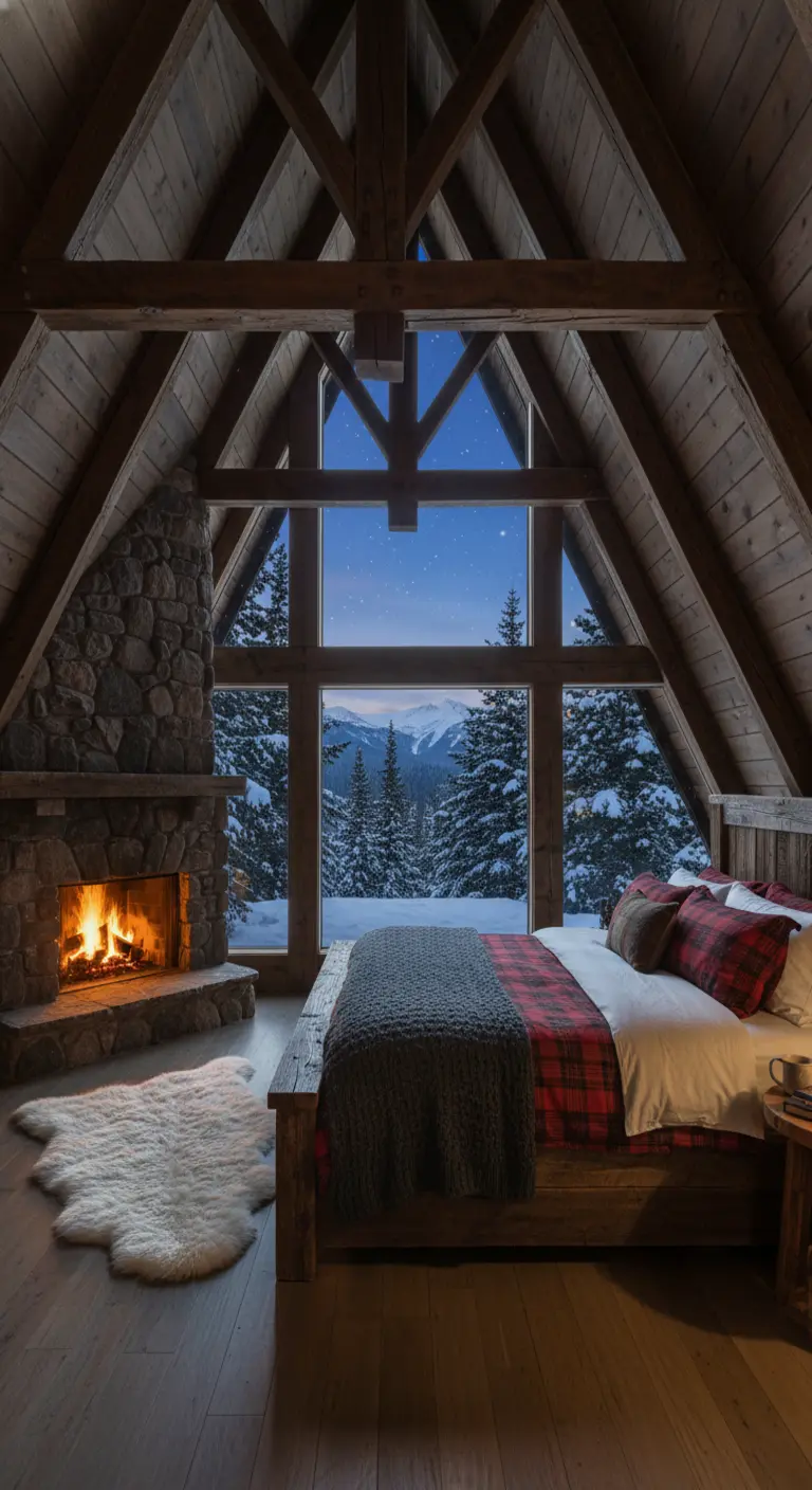 Camera da letto in stile baita con camino in pietra, travi in legno e vista sulle montagne.