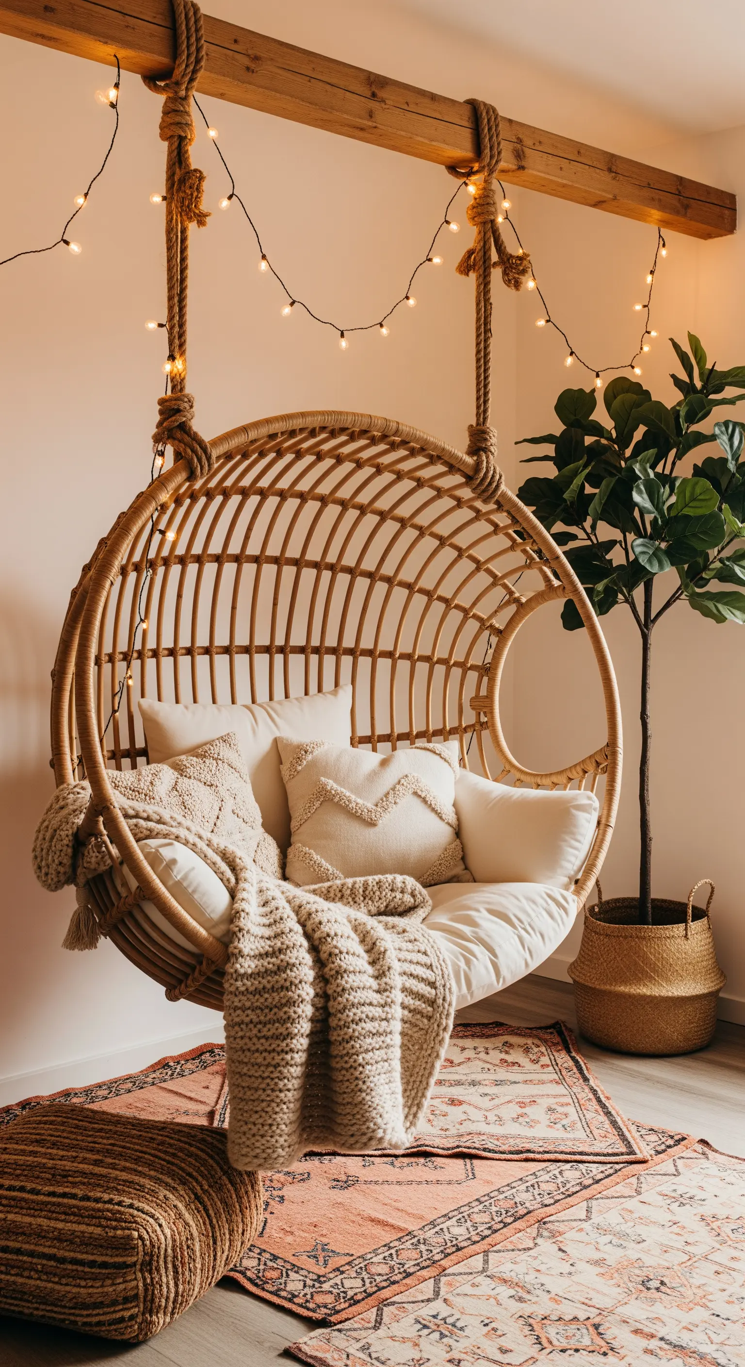 Poltrona sospesa in rattan con cuscini e coperta in maglia, illuminata da lucine.