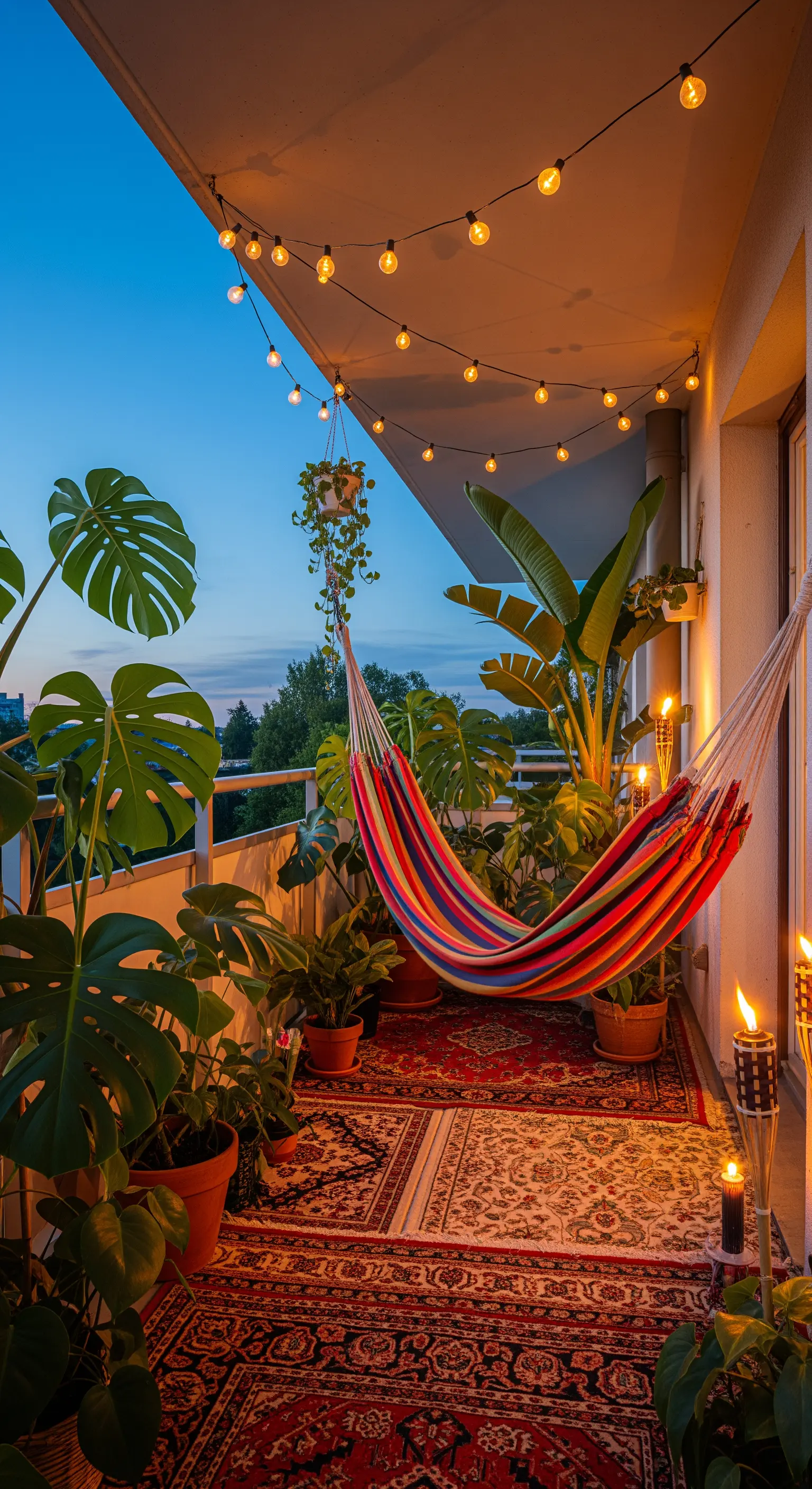 Balcone con amaca colorata, tappeti persiani, piante e luci a catena al crepuscolo.
