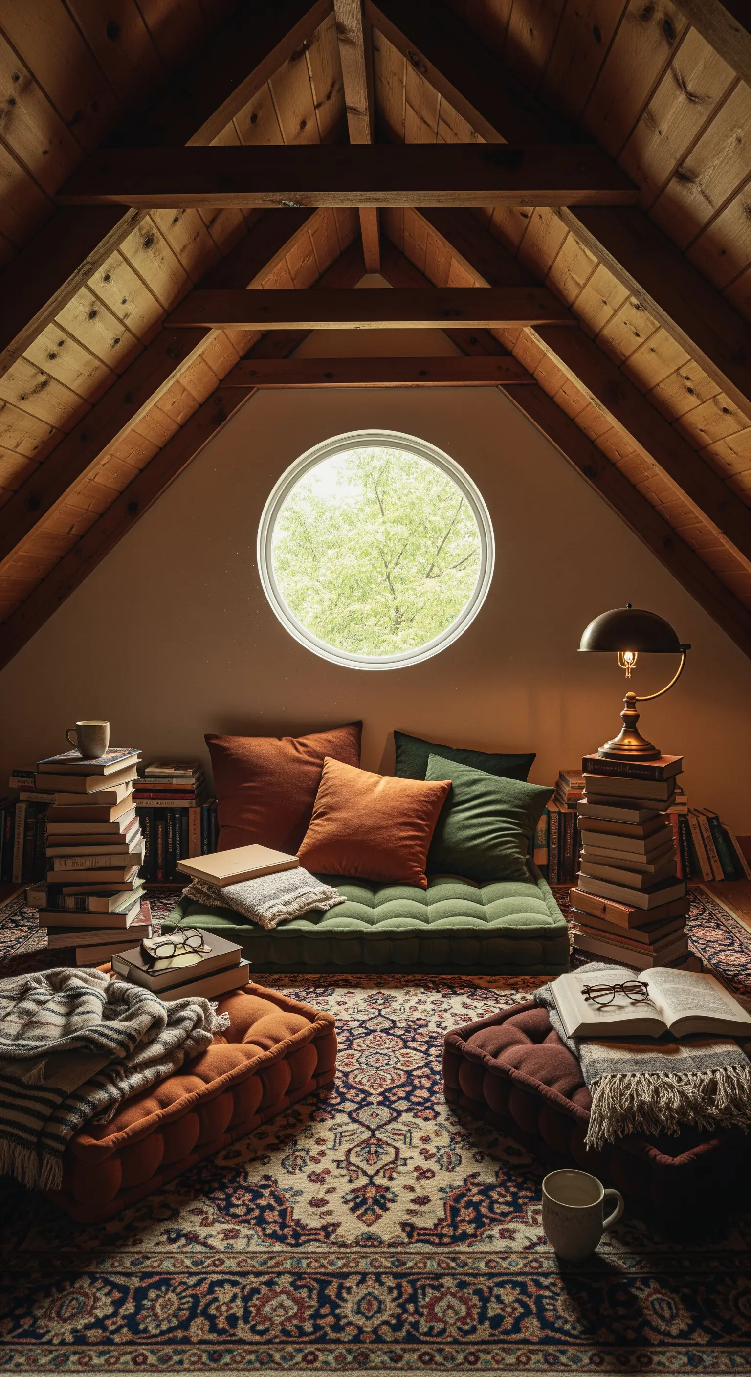 Mansarda accogliente con cuscini da terra, pile di libri e un grande tappeto persiano sotto le travi.