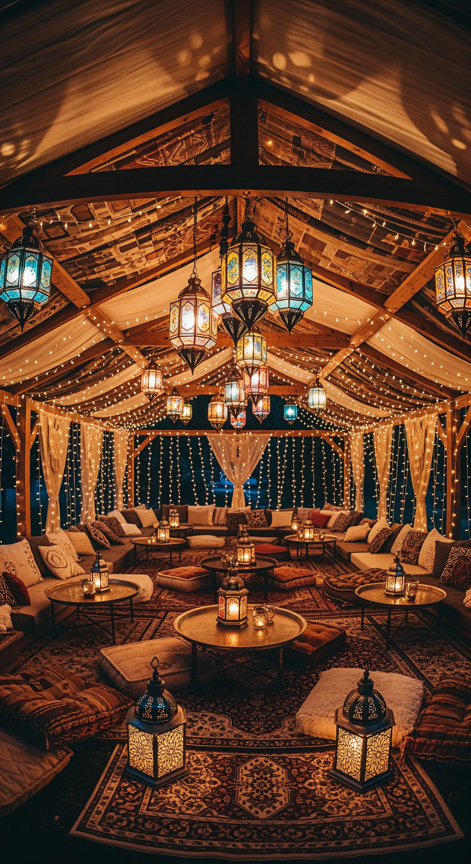 Interno di una tenda in stile bohémien con tappeti, cuscini e decine di lanterne accese.