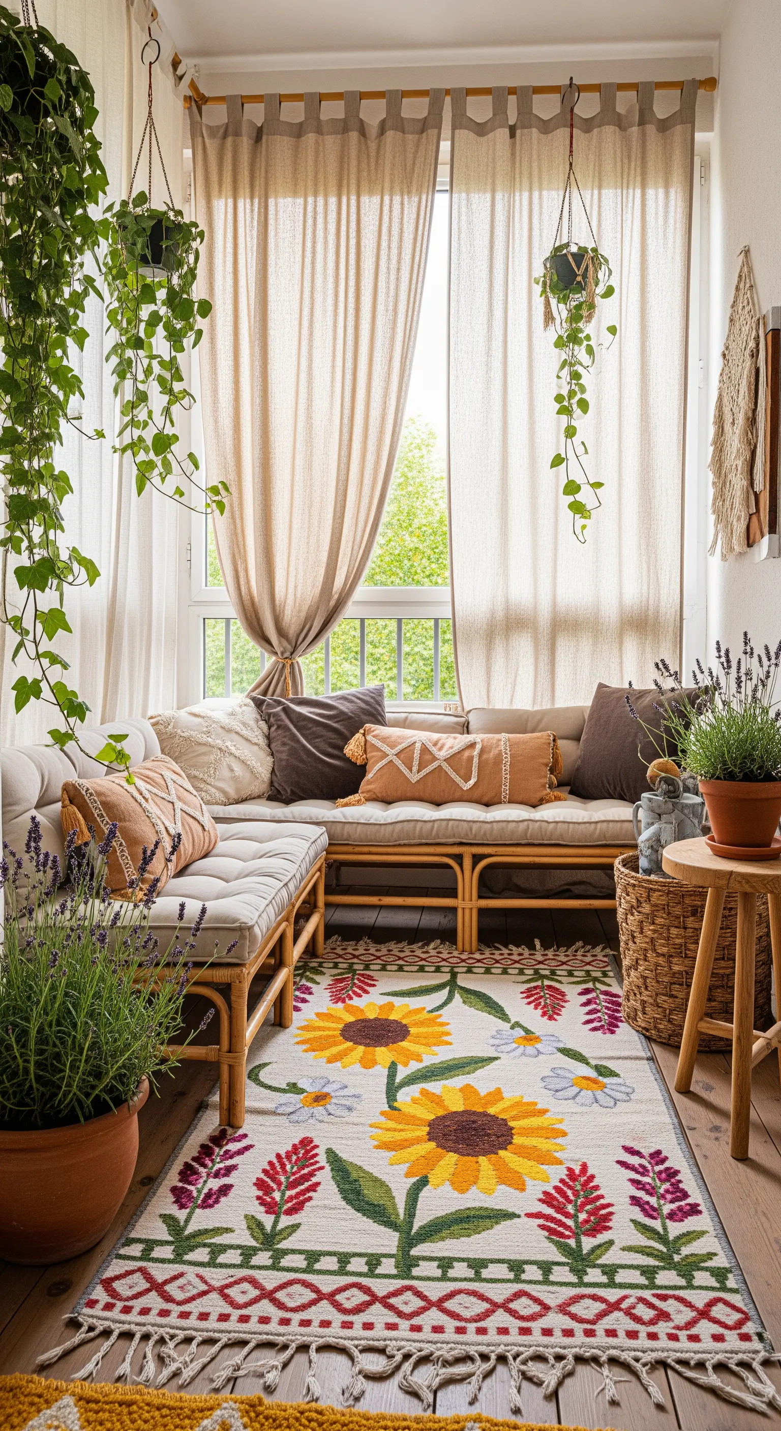 Balcone boho con divanetto in bambù, tappeto a girasoli e piante rampicanti.