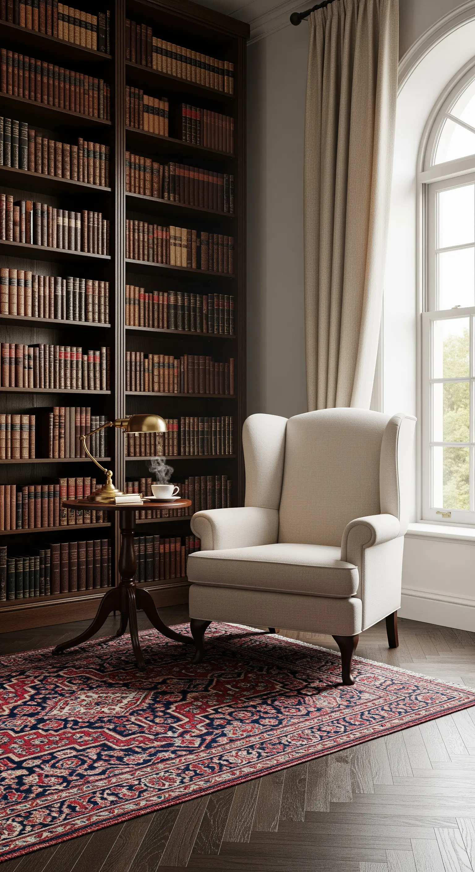 Angolo lettura con libreria in legno scuro, poltrona bergère chiara e tappeto persiano rosso.