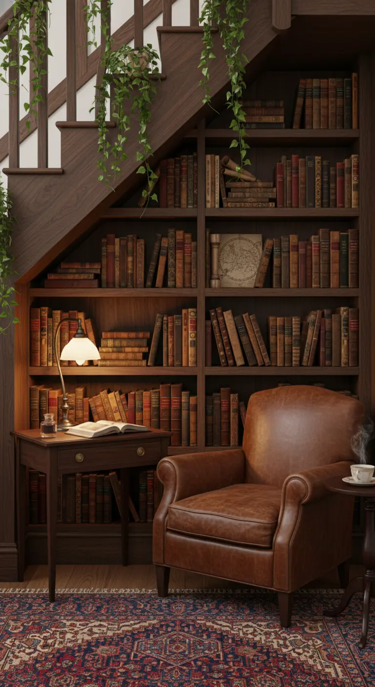 Libreria in legno scuro sotto una scala, con poltrona in pelle e un tappeto persiano.