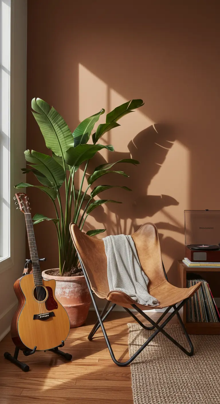 Angolo relax con poltrona Butterfly in cuoio, giradischi, chitarra e una grande pianta.