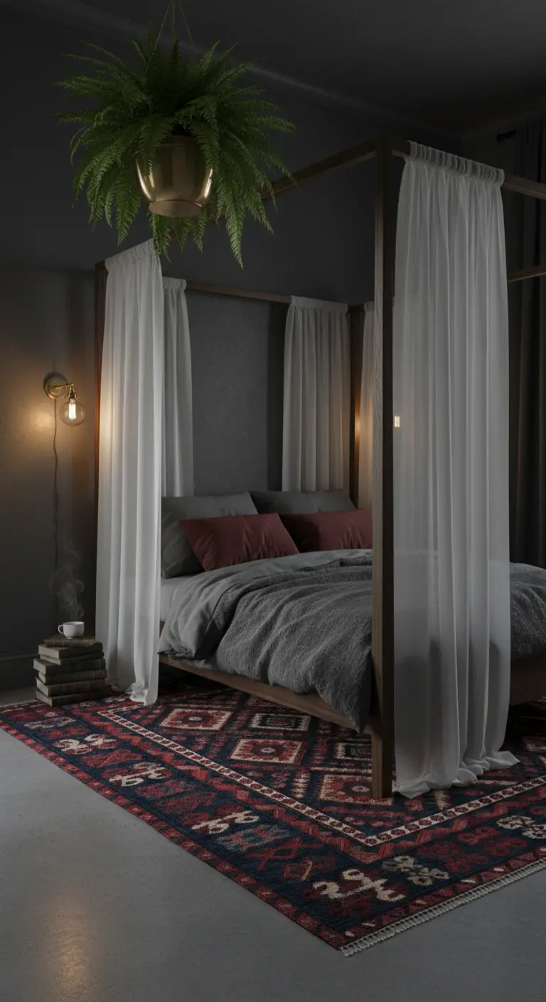 Letto a baldacchino con tende bianche in una camera scura, con tappeto etnico rosso.