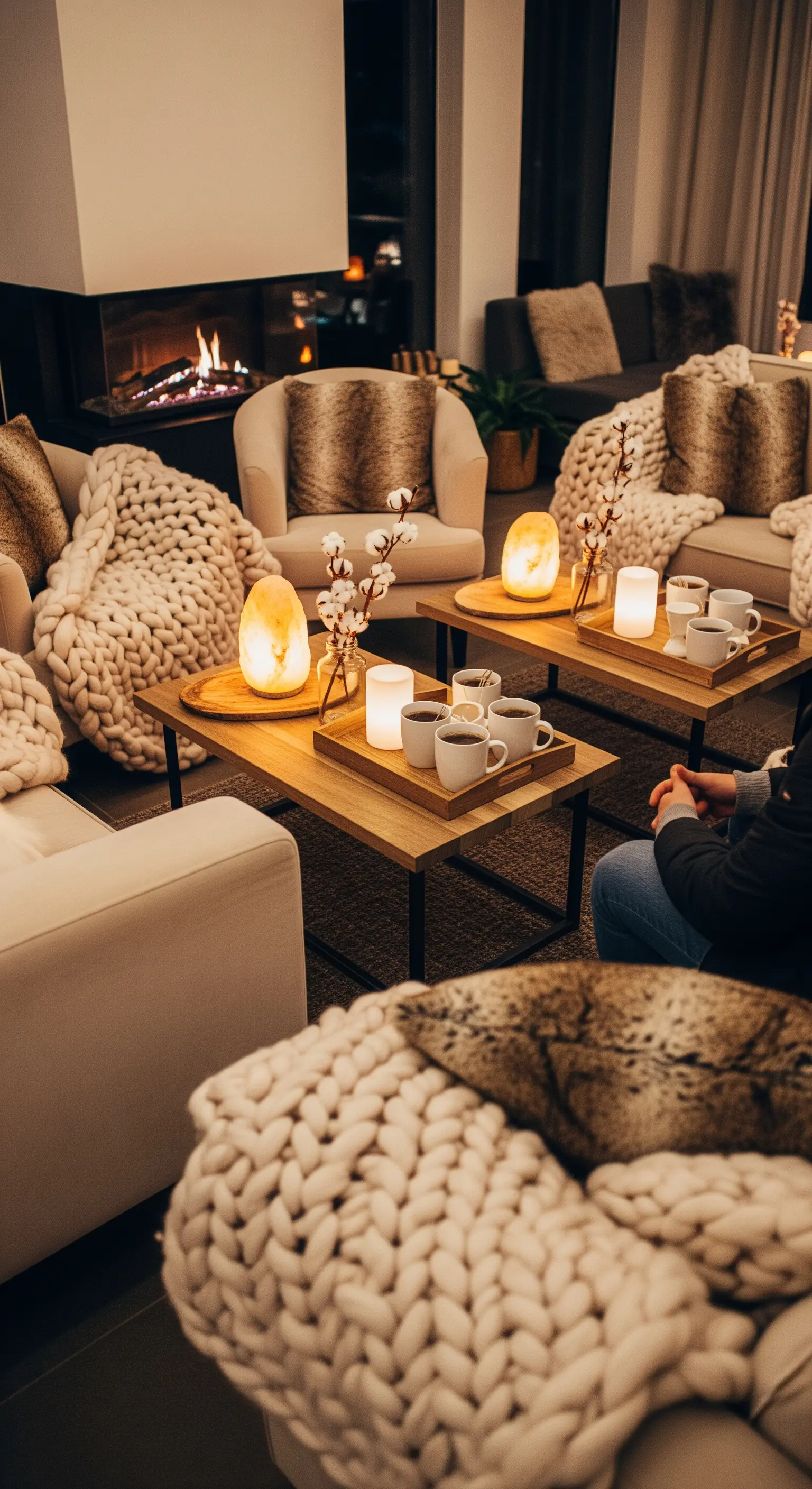 Angolo relax con camino, coperte in maglia spessa, cuscini in pelliccia e lampade di sale.