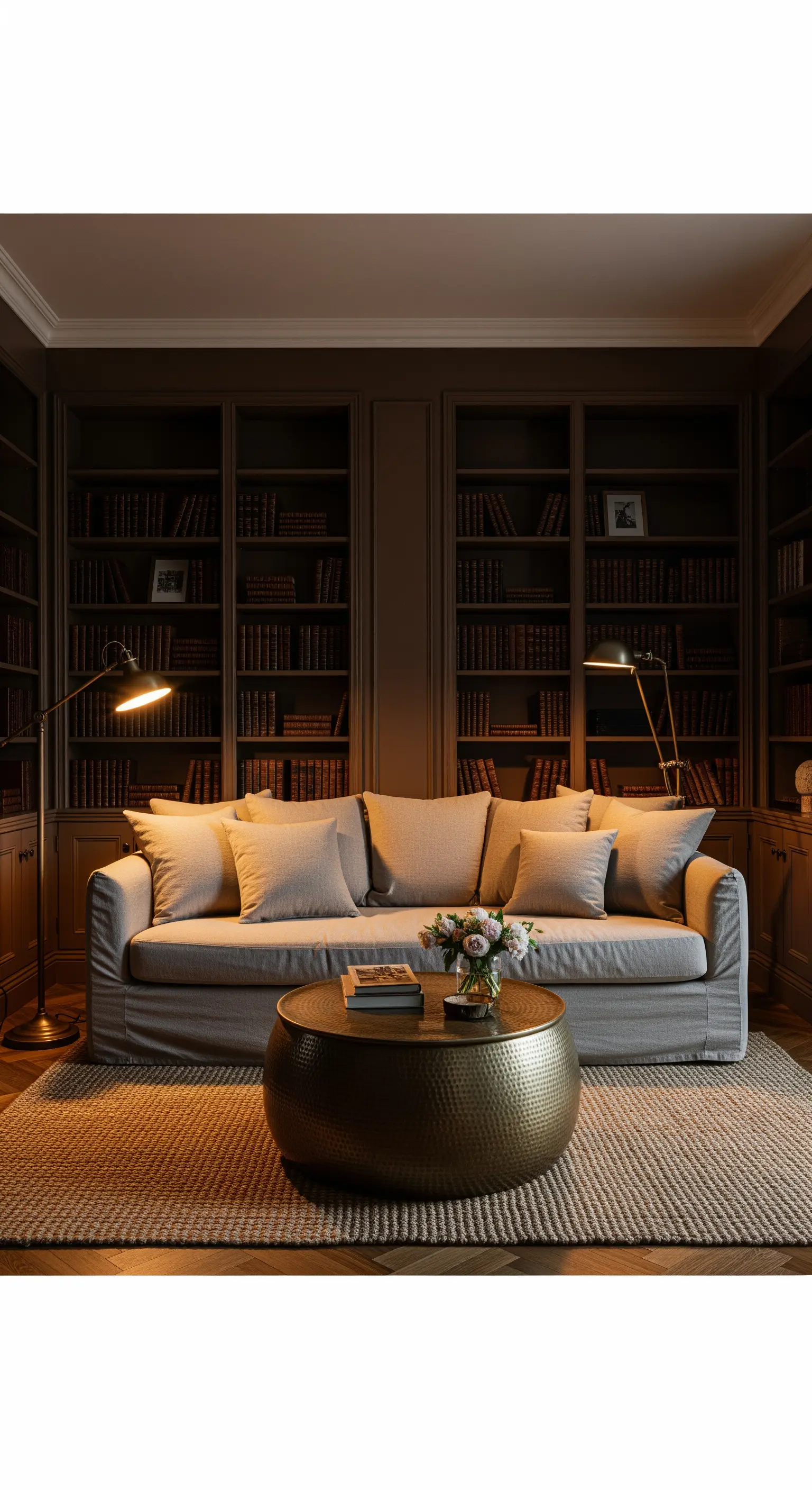 Salotto-biblioteca con pareti a libreria scure, divano beige e tavolino in ottone martellato.