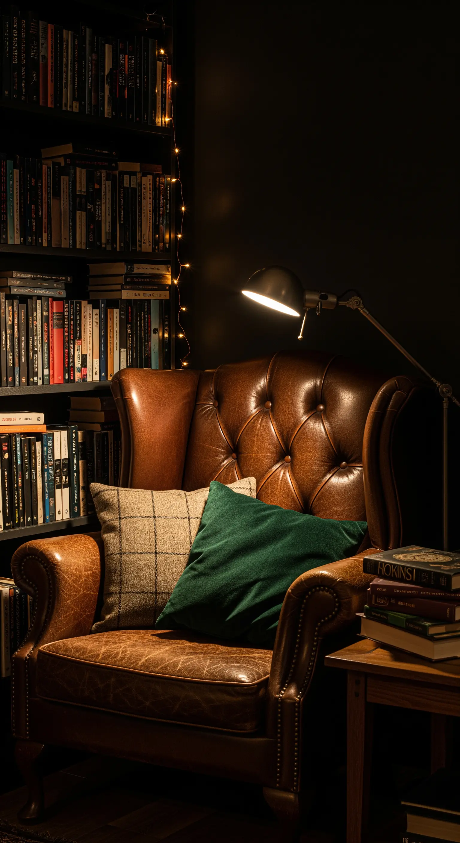 Poltrona in pelle scura accanto a una libreria, illuminata da una lampada e da un filo di micro-LED.