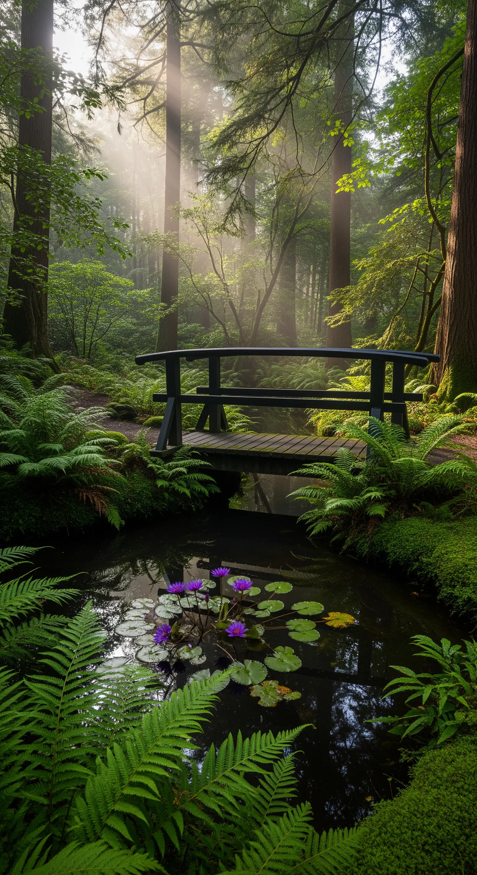 Ponticello in legno nero in una foresta ombrosa, con ninfee viola intenso nel ruscello