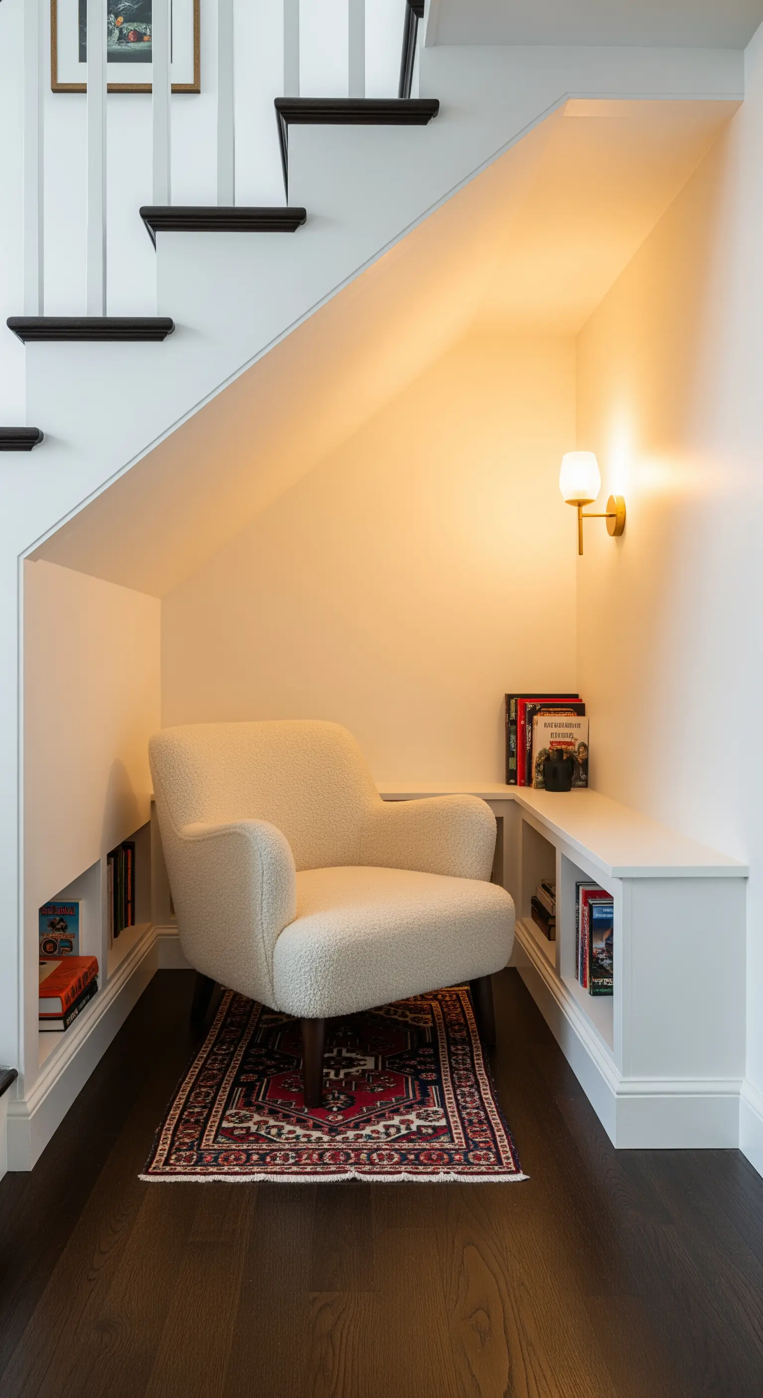 Angolo lettura accogliente ricavato nel sottoscala con panca-libreria e poltrona in bouclé.