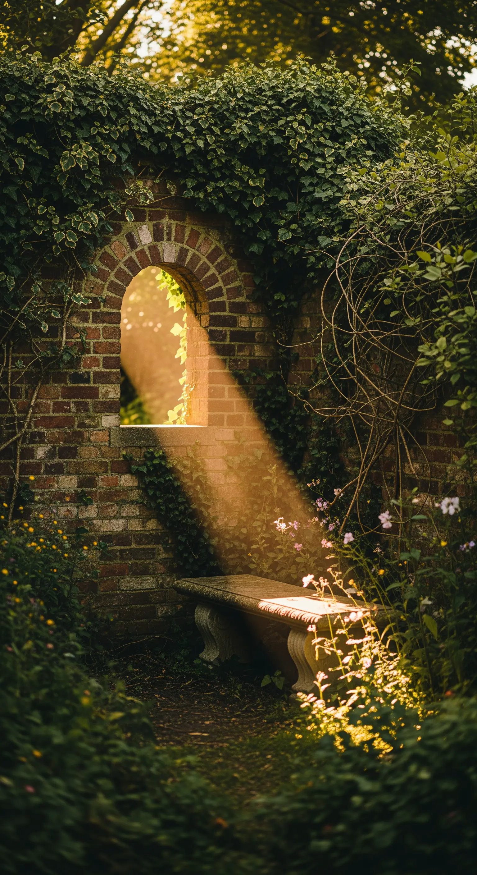 Panca in pietra illuminata da un raggio di sole che filtra da una finestra in un muro di mattoni.