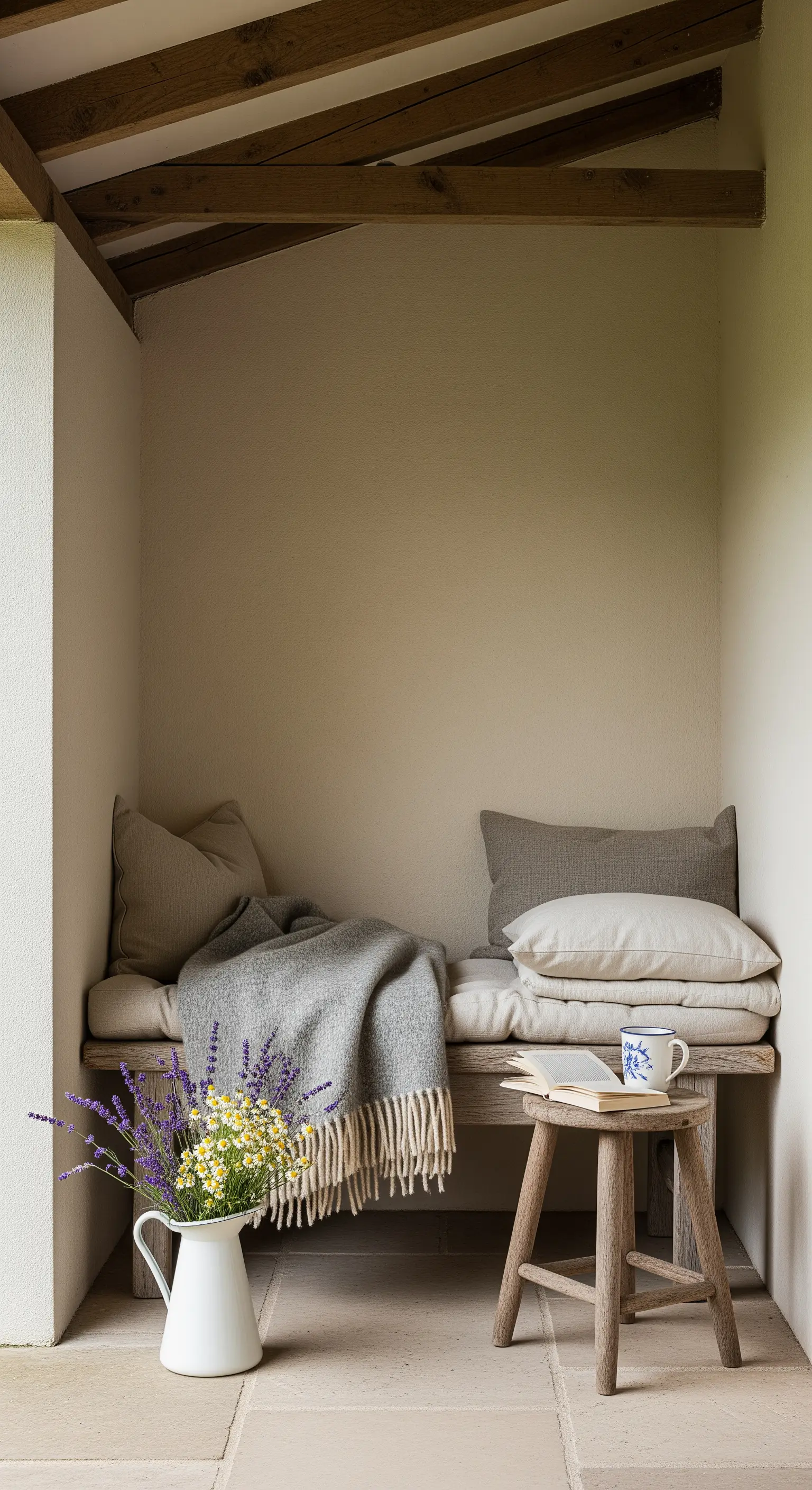 Angolo lettura su un portico con panca, cuscini, plaid in lana e un piccolo sgabello.