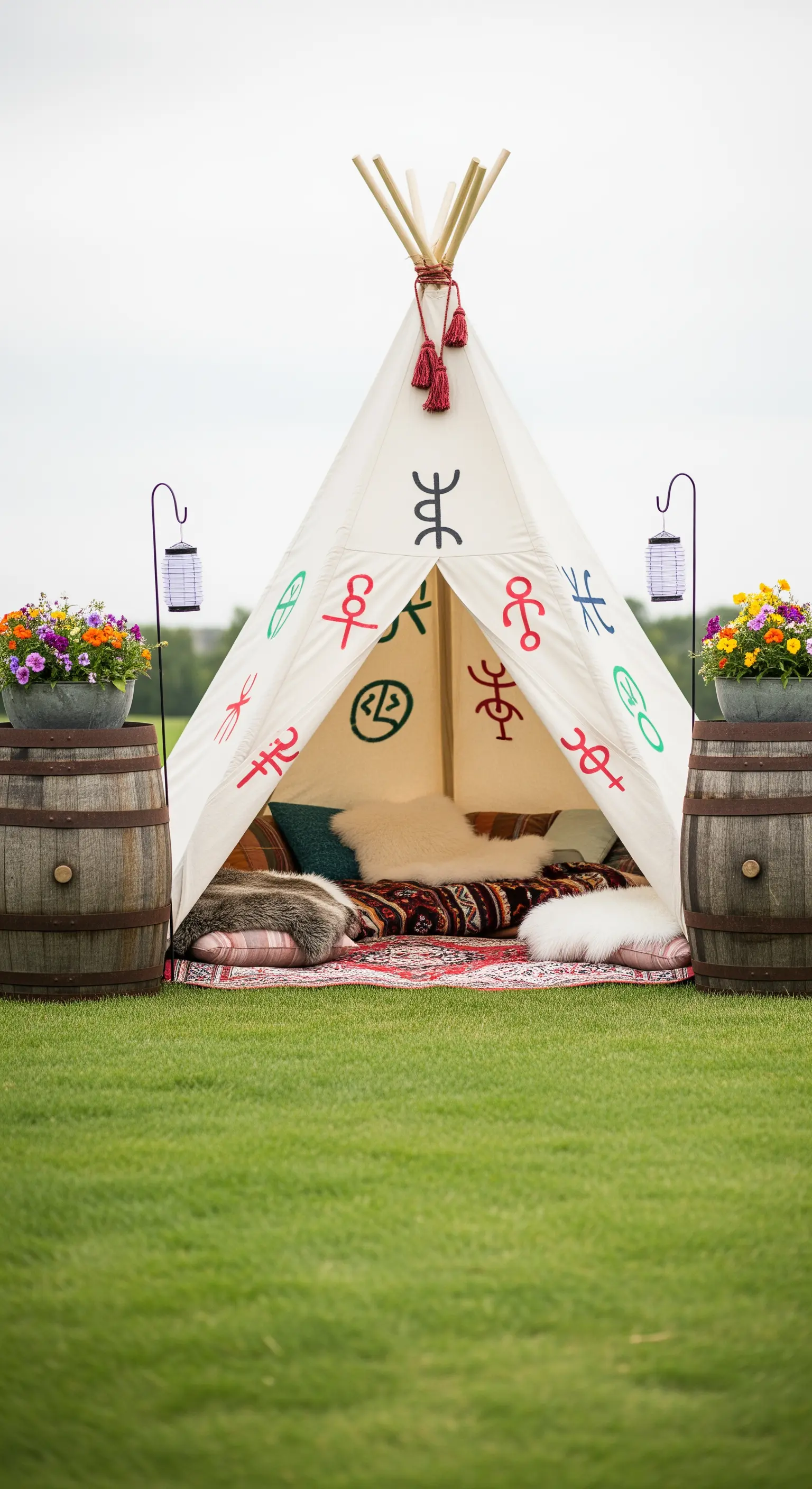 Tenda teepee decorata in un prato, con tappeti e cuscini all'interno e botti con fiori all'esterno.