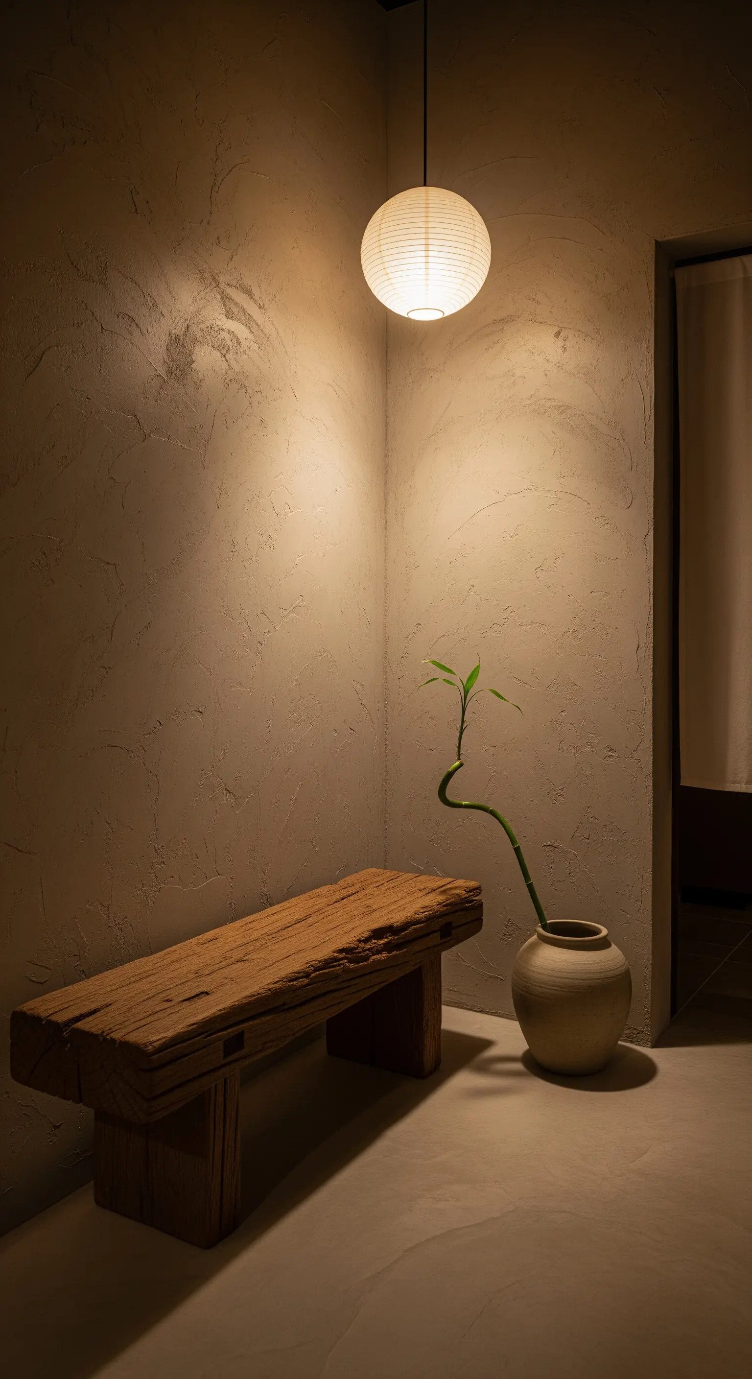 Angolo buio con panca in legno grezzo, lanterna di carta sospesa e pareti materiche color cemento.