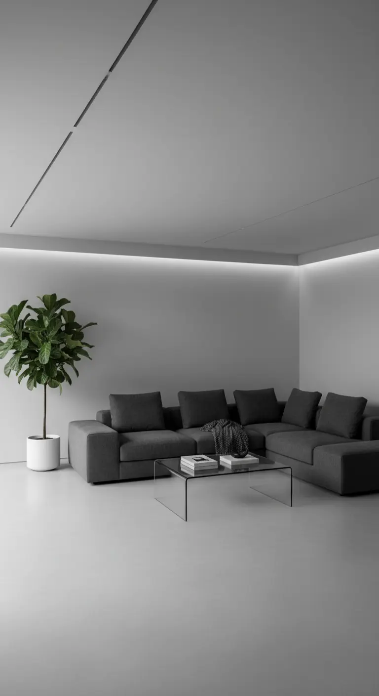 Soggiorno minimalista total grey con illuminazione a LED integrata e una pianta in un vaso bianco.
