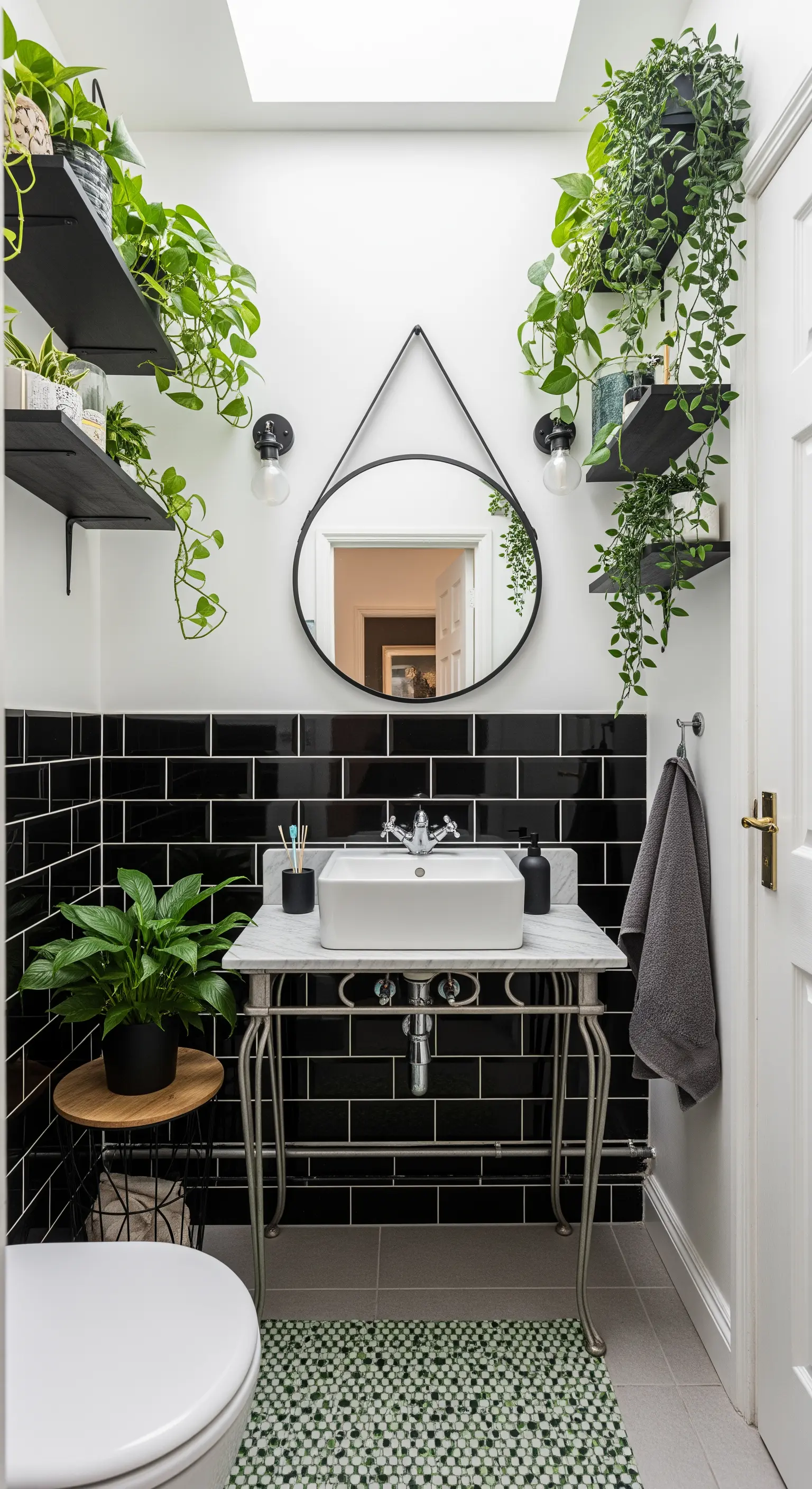 Bagno con piastrelle nere, lavabo a consolle e mensole con piante ricadenti.