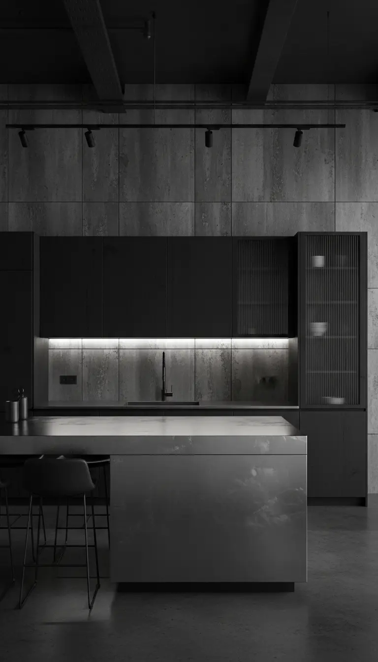 Cucina total black con pareti in cemento, illuminazione a binario e isola laccata lucida.