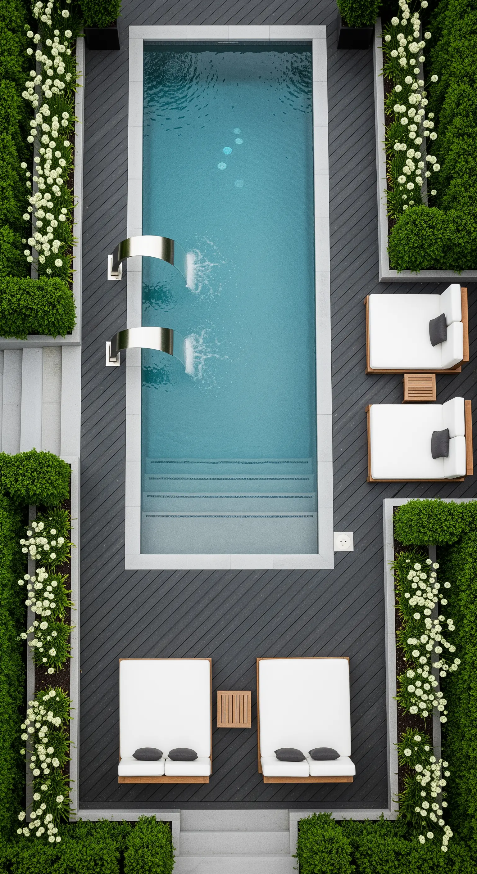 Vista dall'alto di una piscina stretta e lunga con decking scuro e lettini bianchi simmetrici