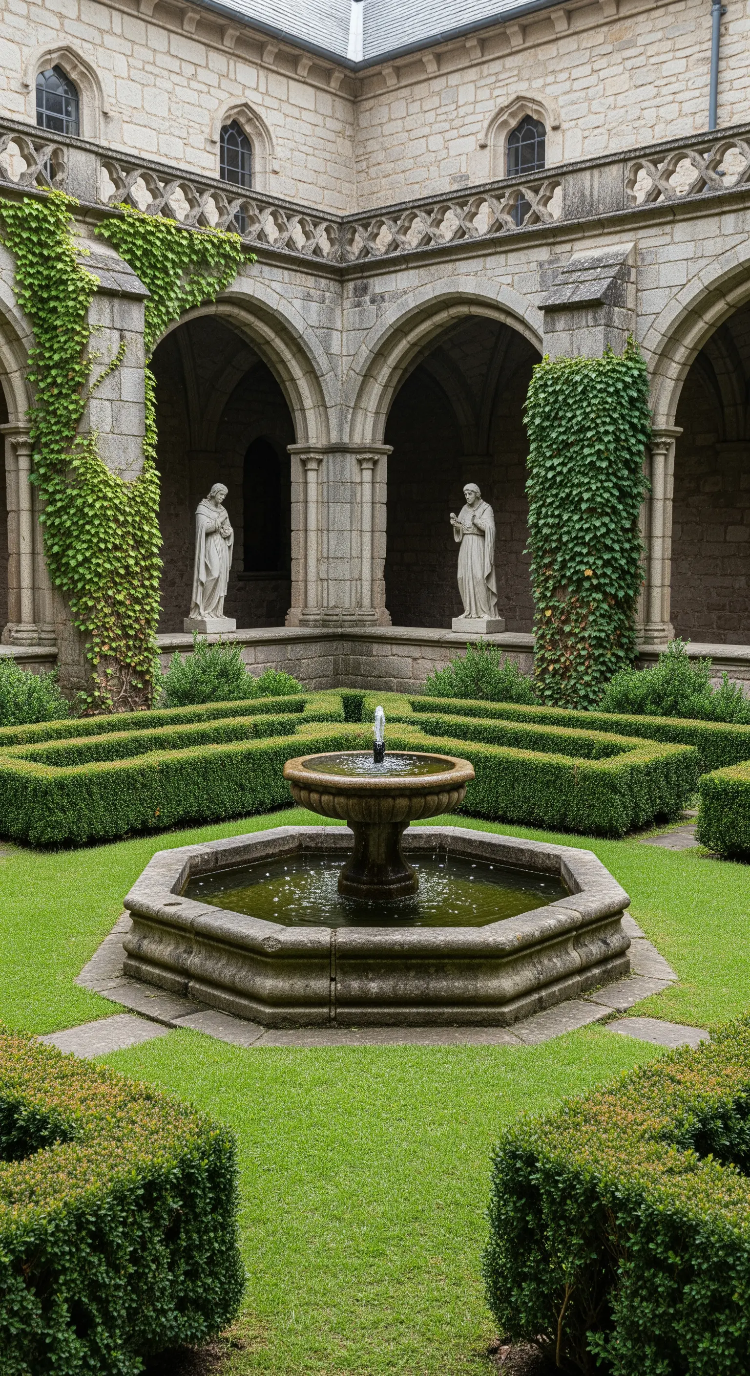 Chiostro con prato curato, siepi geometriche e fontana centrale ottagonale in pietra.