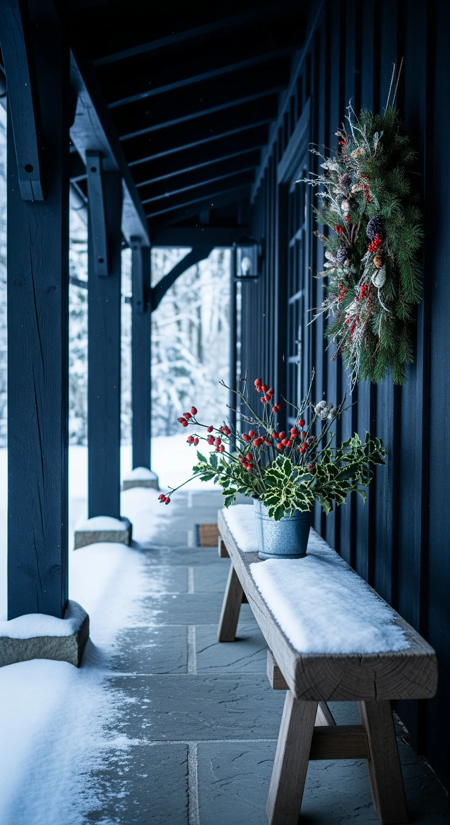 Portico innevato con una panca in legno, una ghirlanda e una composizione invernale con bacche rosse.