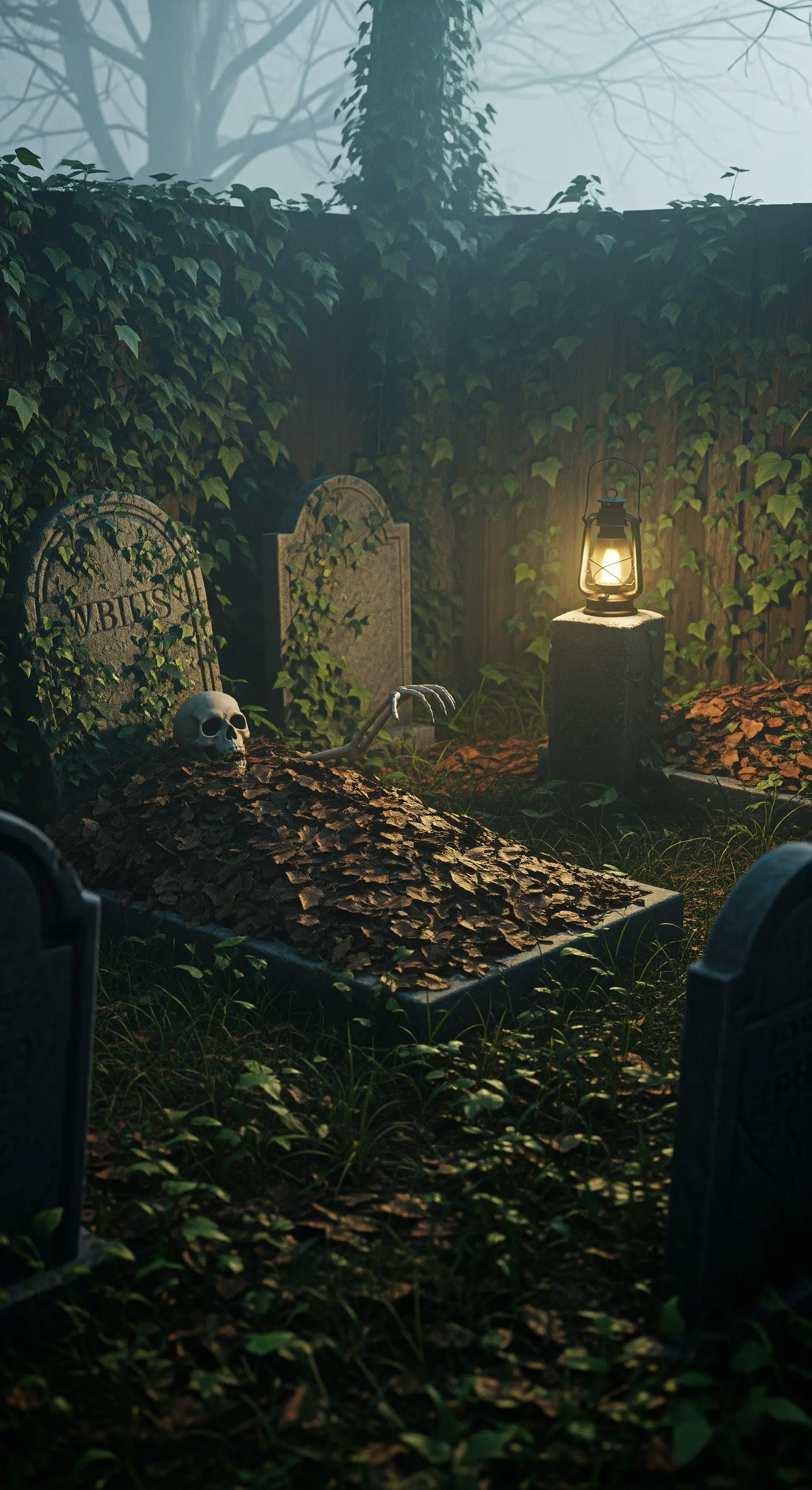 Un teschio emerge da una tomba coperta di foglie, illuminato da una lanterna solitaria.