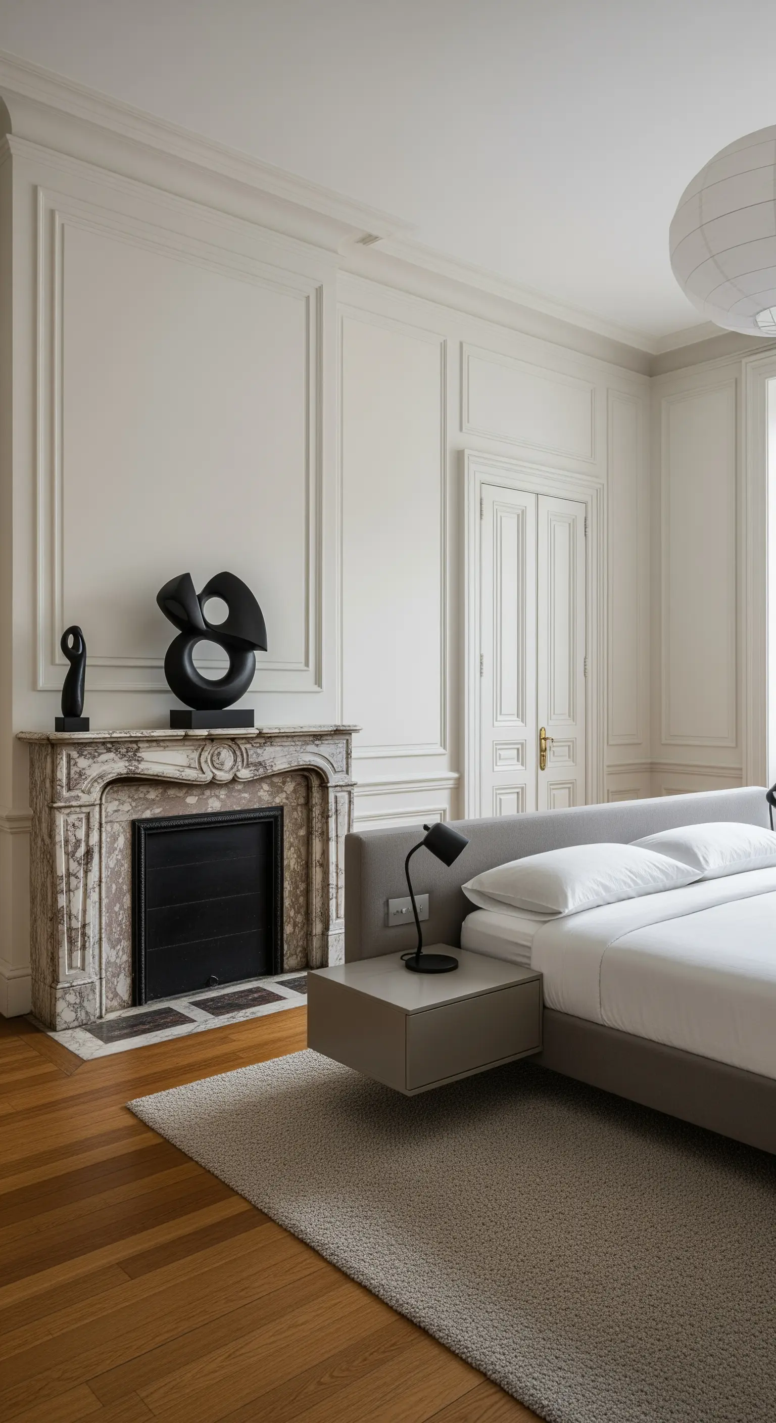 Camino d'epoca in marmo in una camera da letto parigina con letto e arredi ultra-moderni.