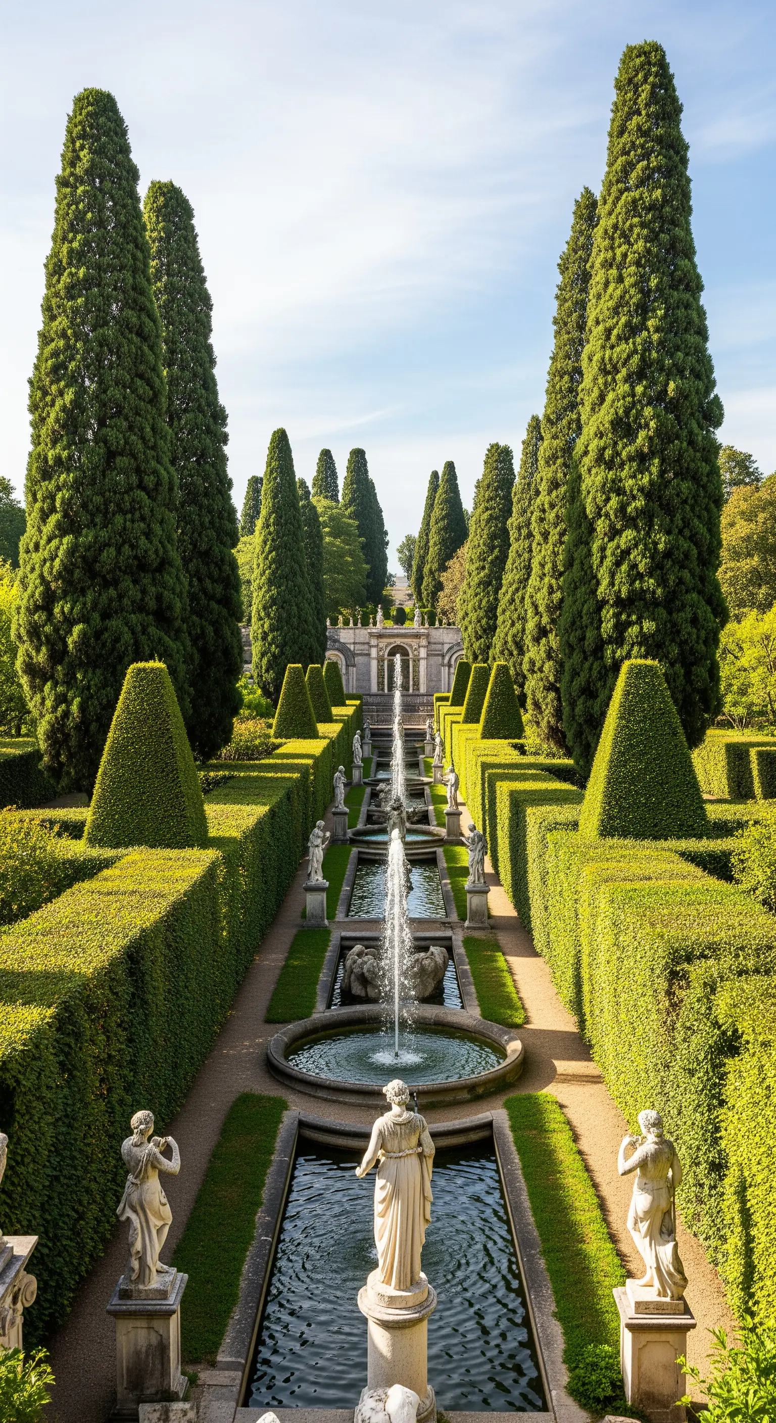 Stretto e lungo giardino all'italiana con una successione di fontane e cipressi.
