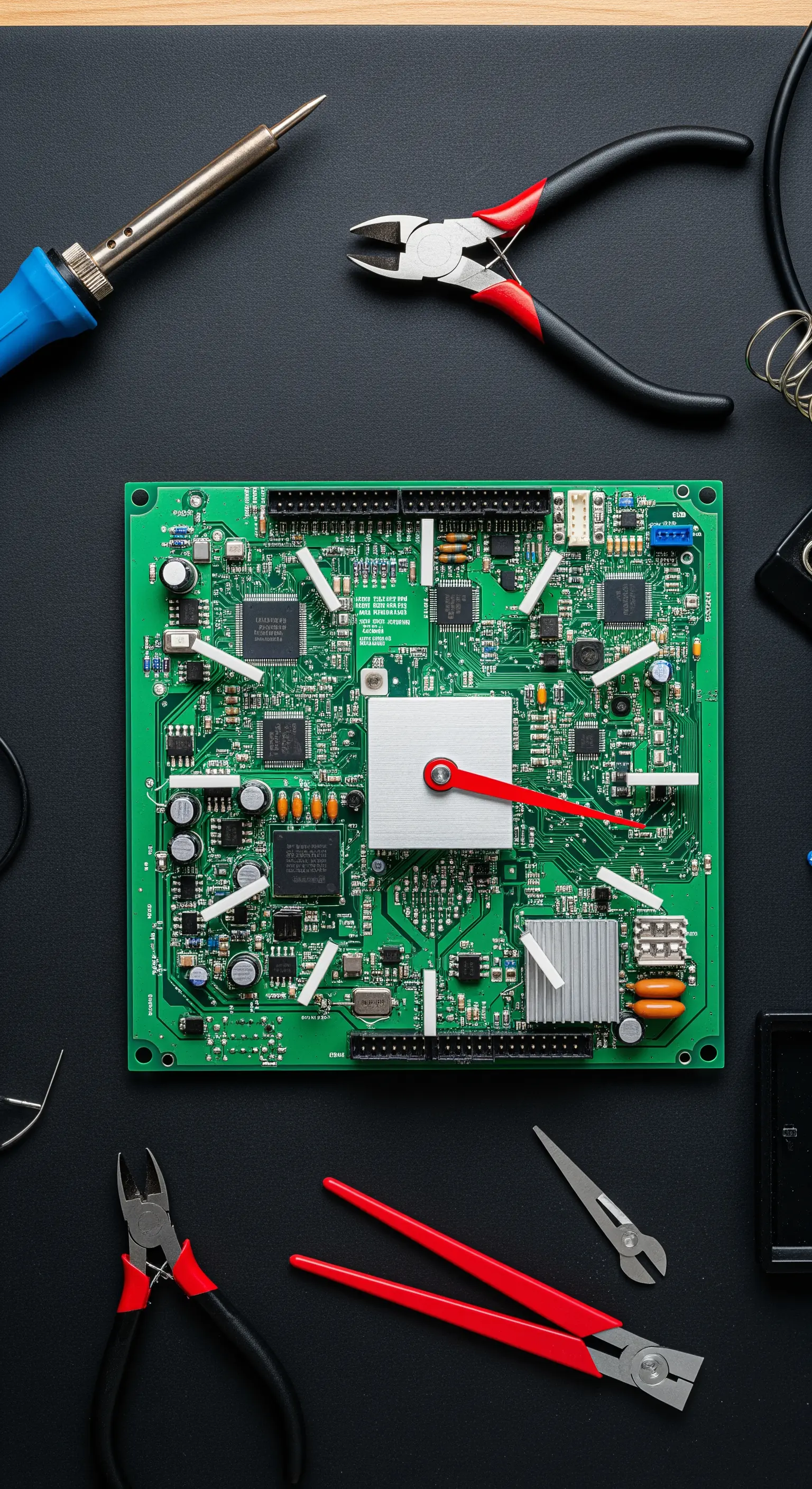 Un circuito stampato verde riutilizzato come quadrante di un orologio da parete.