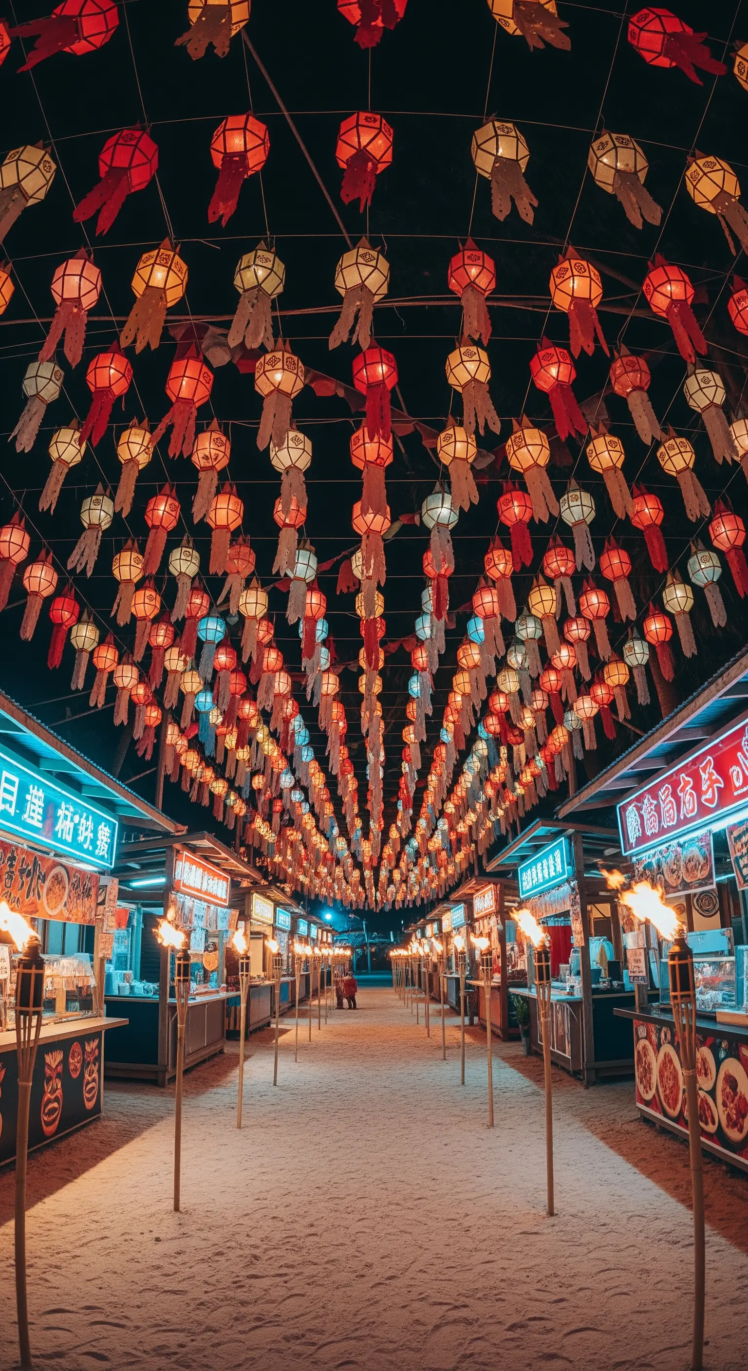 Viale di un mercato notturno fiancheggiato da torce tiki e coperto da lanterne di carta colorate.