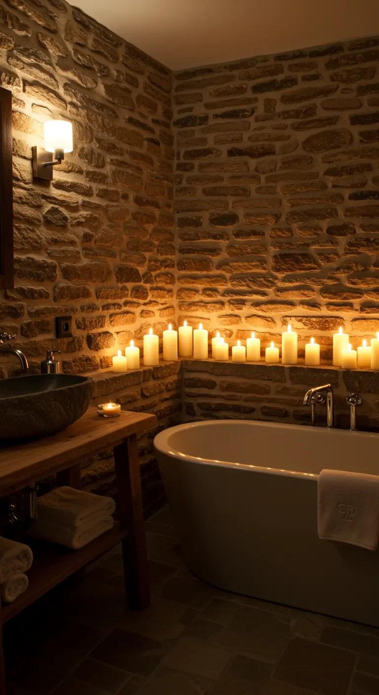 Una lunga fila di candele accese illumina un bagno con pareti in pietra a vista.