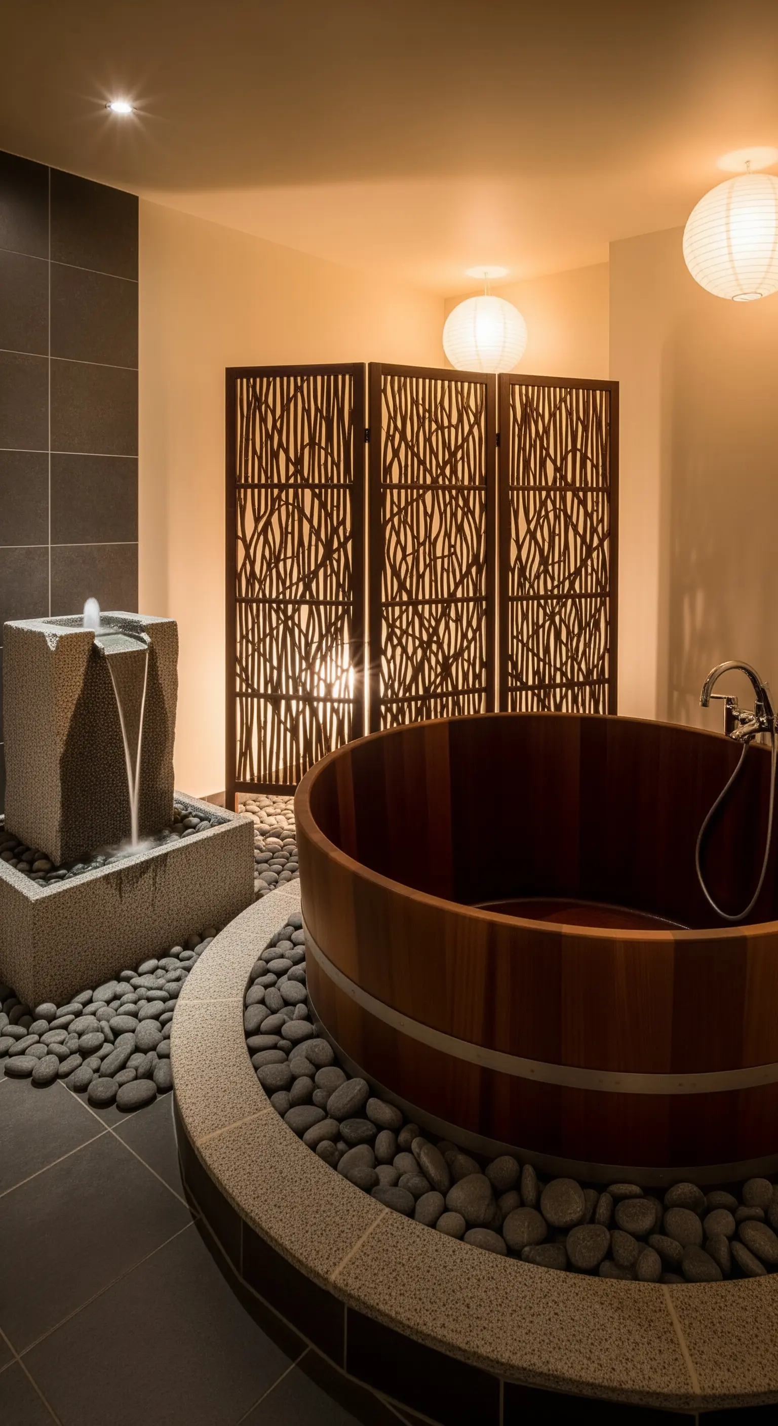 Vasca da bagno rotonda in legno stile ofuro accanto a una fontana in pietra e paravento.