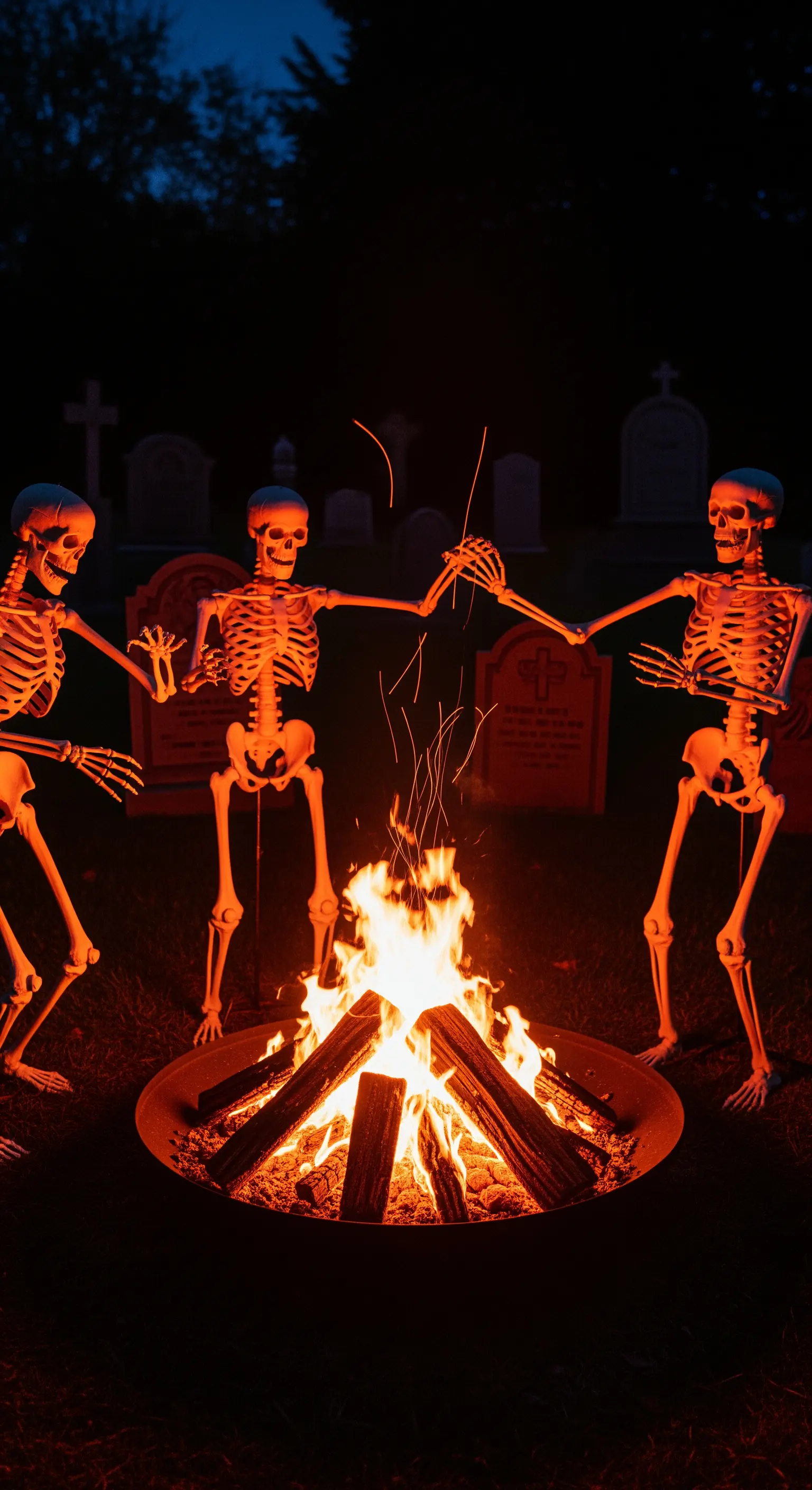 Tre scheletri si tengono per mano danzando attorno a un braciere acceso in un cimitero.
