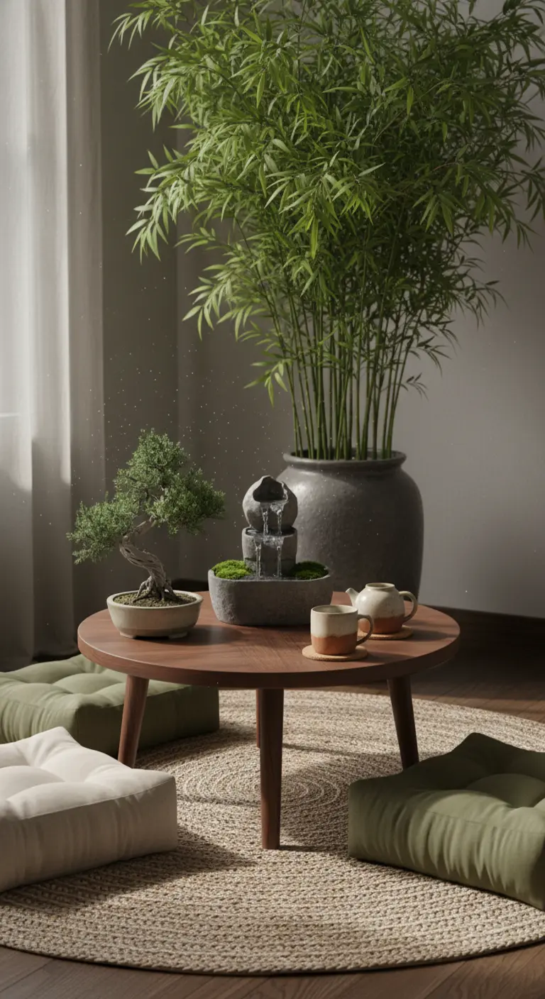 Angolo per la cerimonia del tè con cuscini a terra, tavolino basso, bonsai e pianta di bambù.