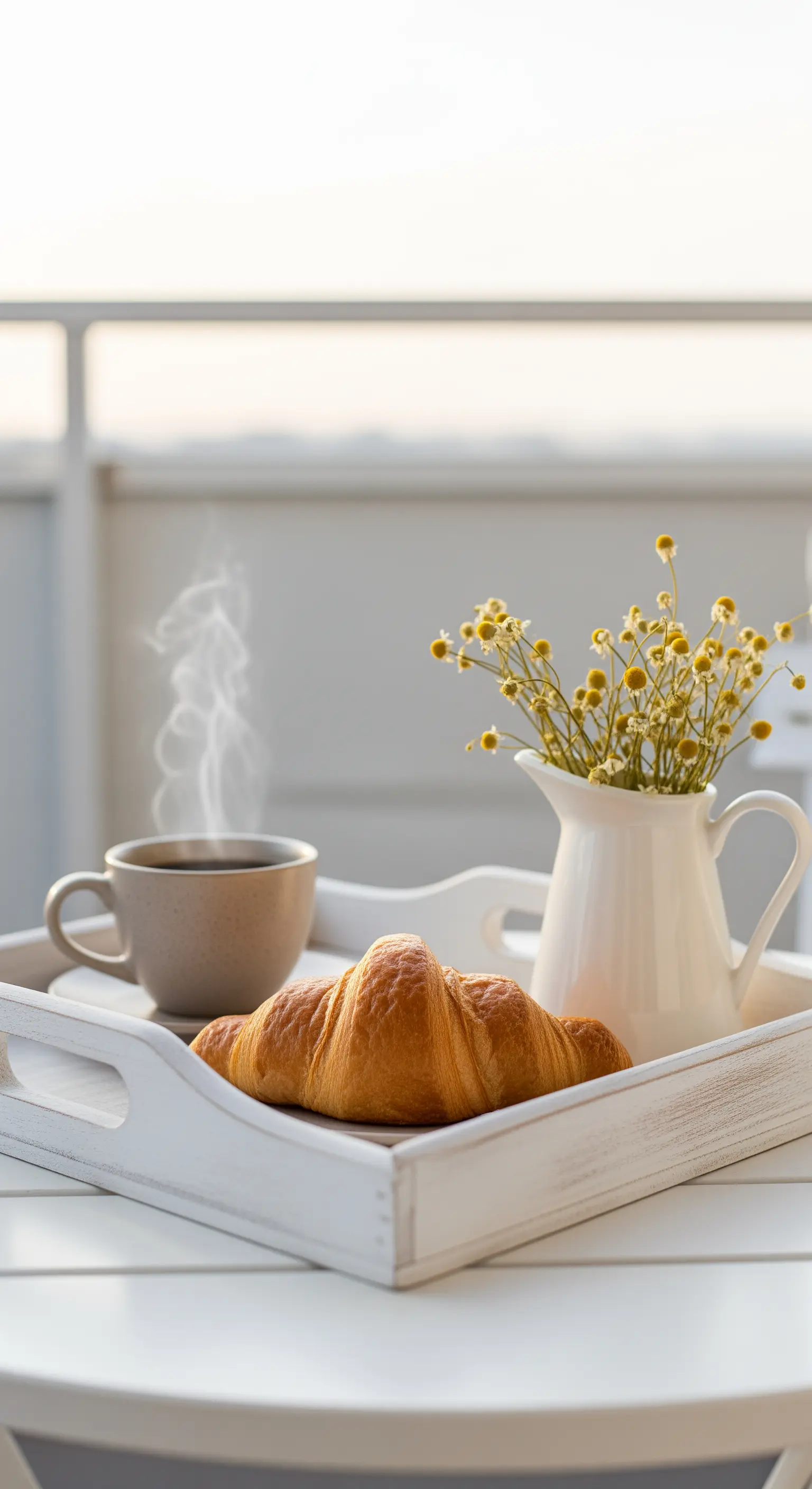Vassoio di legno bianco con una tazza di caffè fumante, un cornetto e una brocca di camomilla.